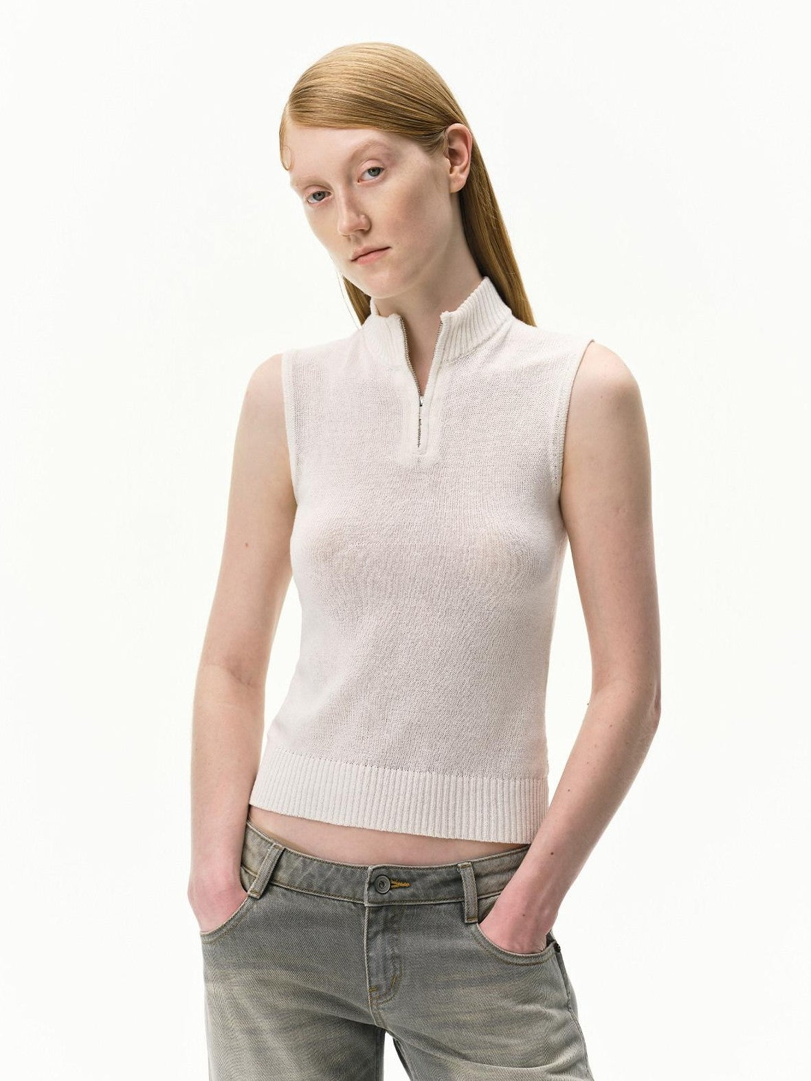 RUN TO THE FUTURE Linen Knit Mock Neck Racerback Slimming Women&