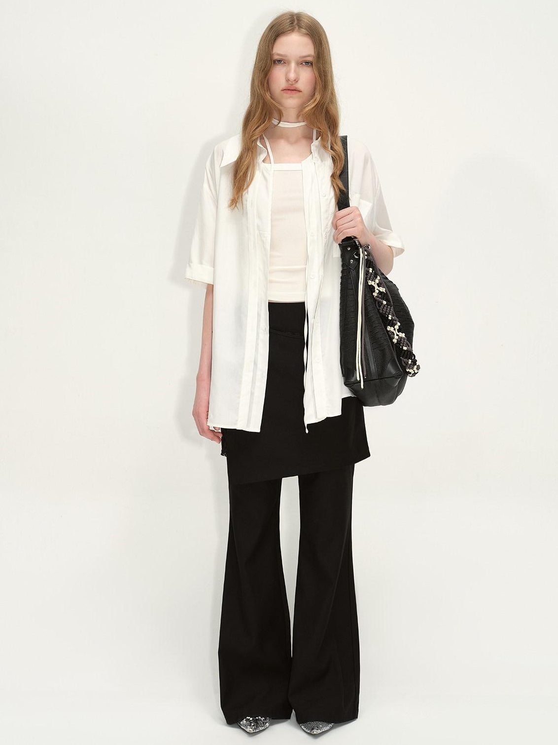 RUN TO THE FUTURE Low Rise Lace Faux Layered Casual Womens Classic Black Flare Pants