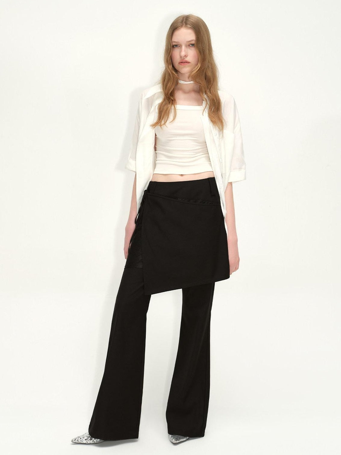 RUN TO THE FUTURE Low Rise Lace Faux Layered Casual Womens Classic Black Flare Pants