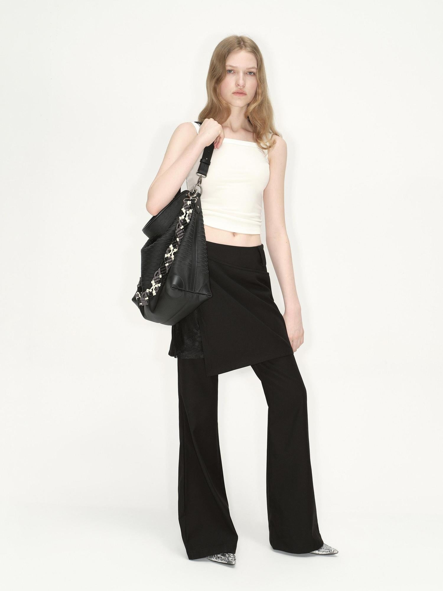 RUN TO THE FUTURE Low Rise Lace Faux Layered Casual Womens Classic Black Flare Pants