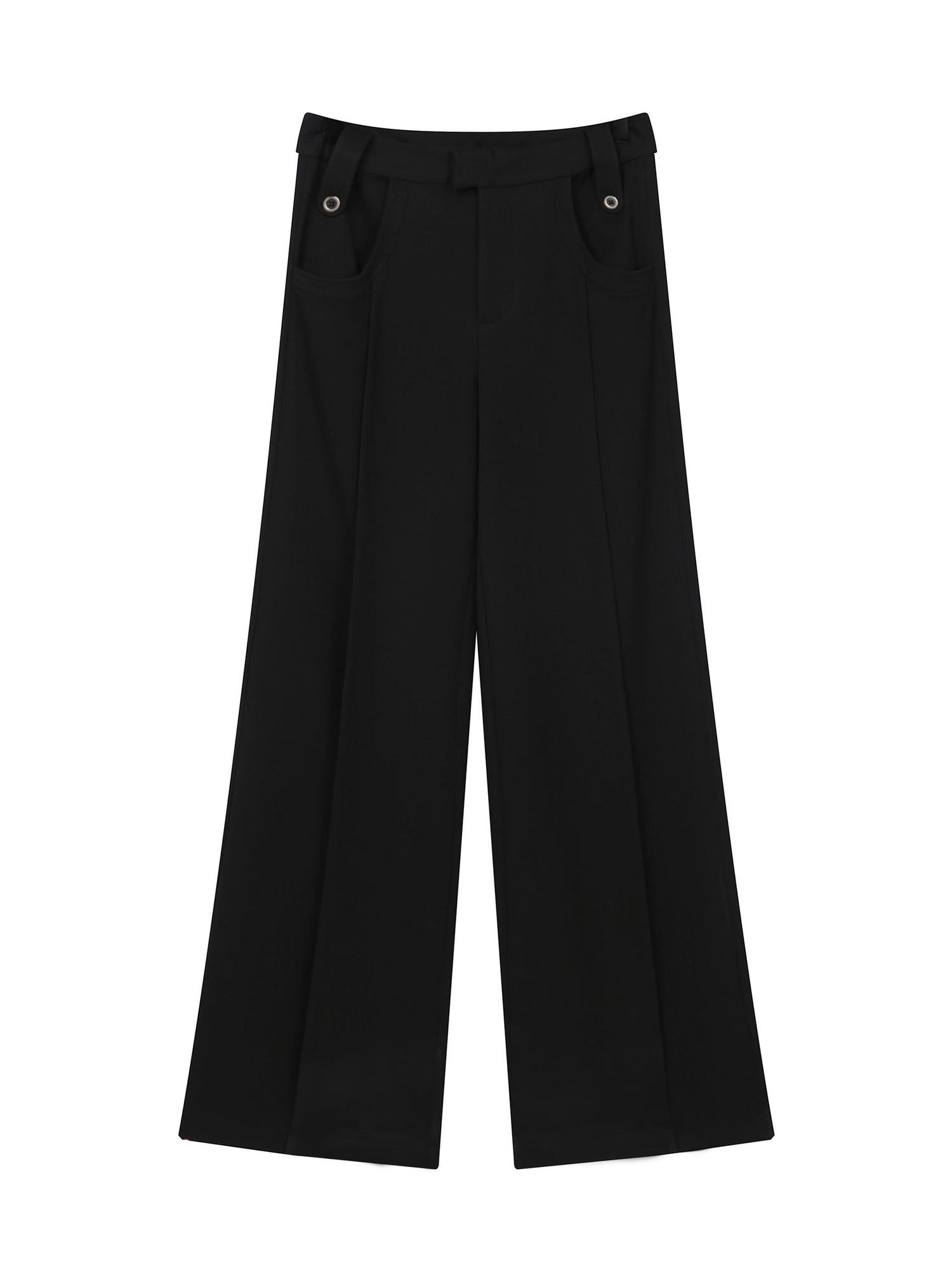 RUN TO THE FUTURE Low Rise Pocket Office Korean Wide Leg Girls Black Poly Blend Straight Pants