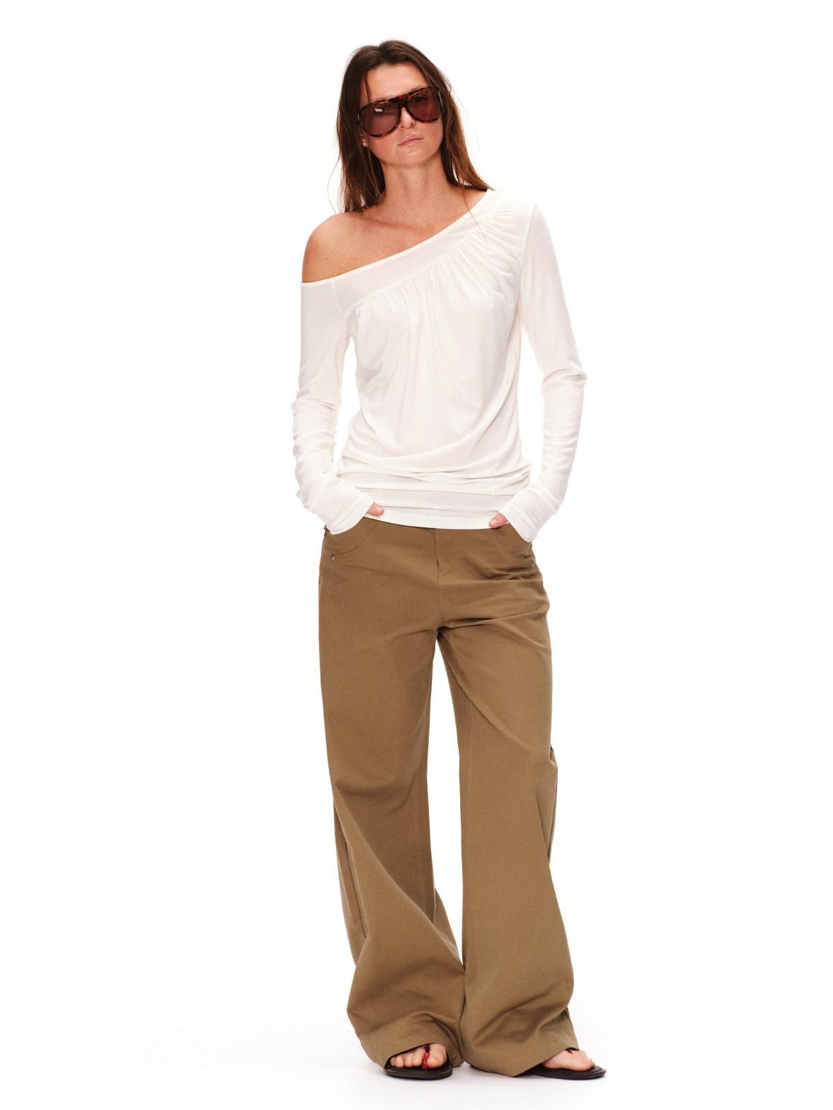 RUN TO THE FUTURE Lyocell Asymmetric Ruched Oversized Slanted Neck Women Long Sleeve T-Shirts