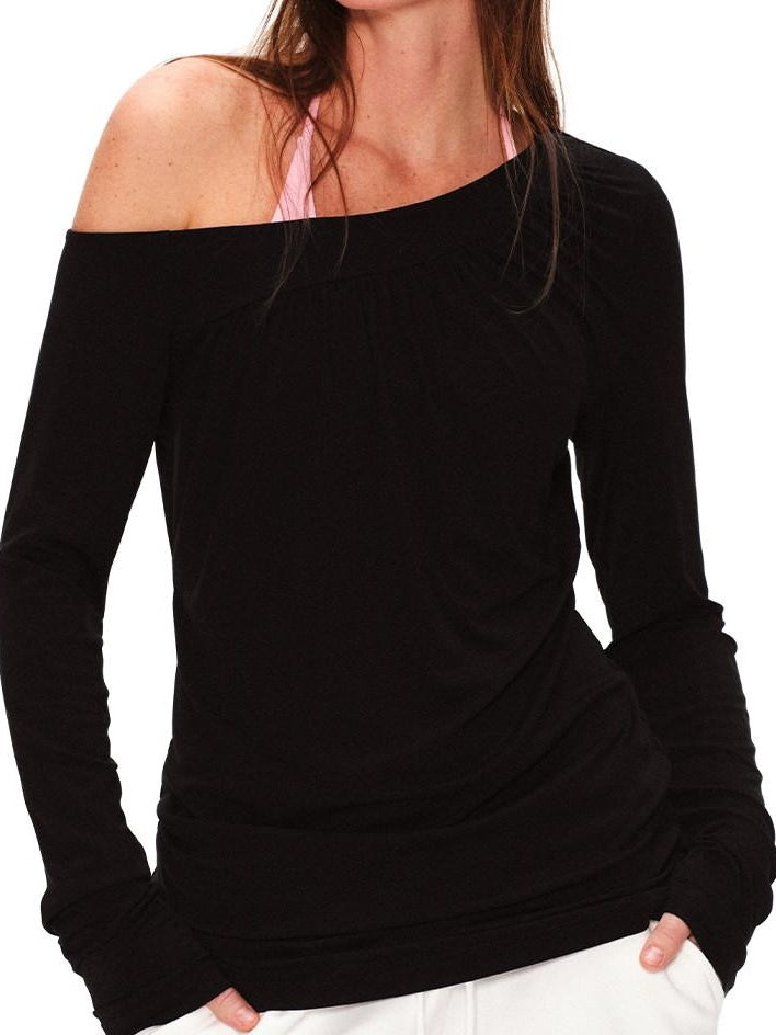 RUN TO THE FUTURE Lyocell Asymmetric Ruched Oversized Slanted Neck Women Long Sleeve T-Shirts