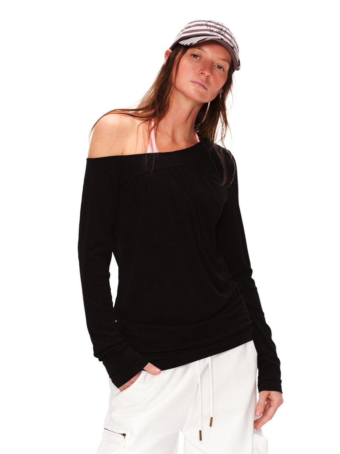 RUN TO THE FUTURE Lyocell Asymmetric Ruched Oversized Slanted Neck Women Long Sleeve T-Shirts