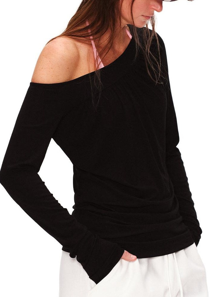 RUN TO THE FUTURE Lyocell Asymmetric Ruched Oversized Slanted Neck Women Long Sleeve T-Shirts