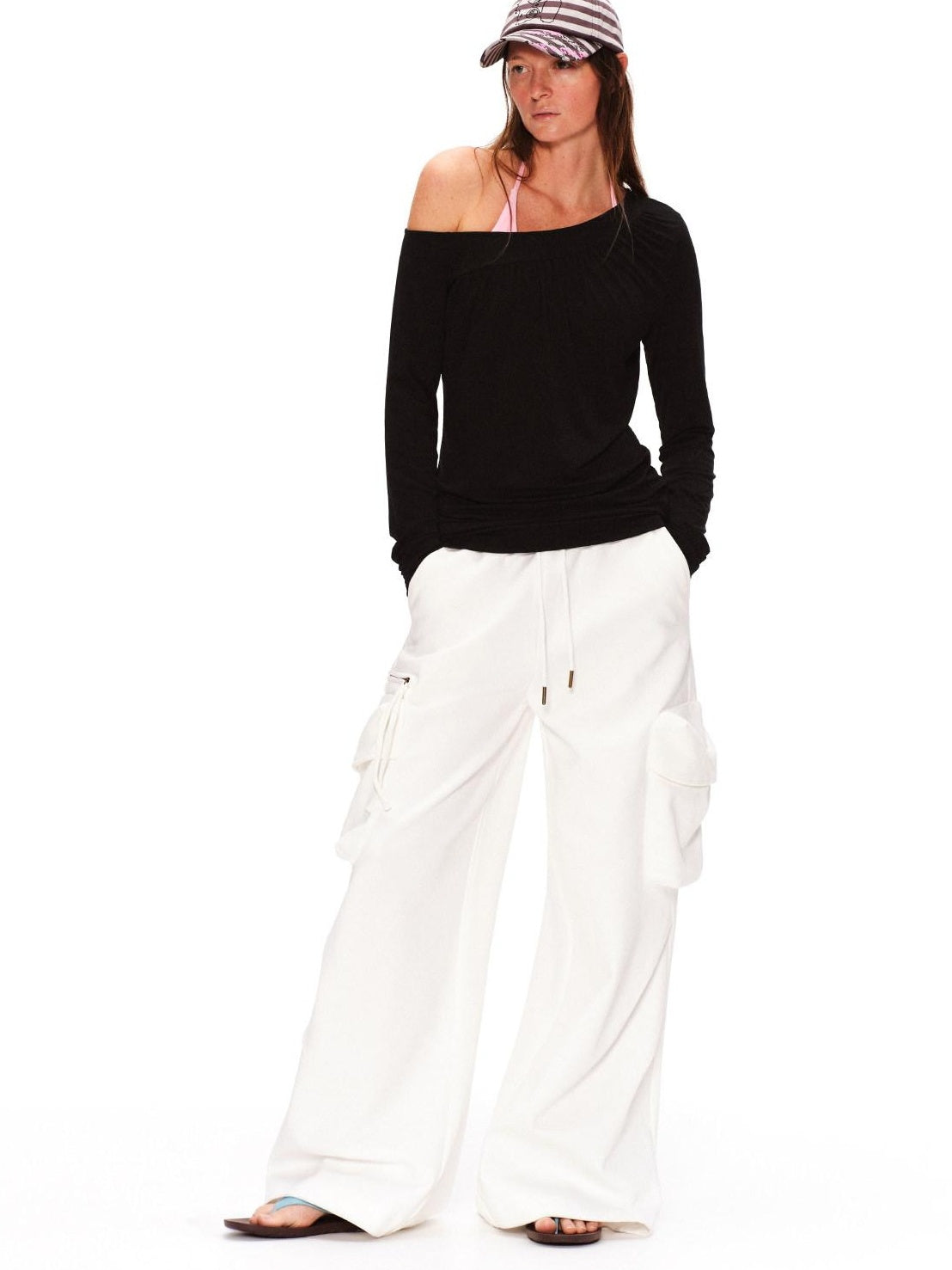 RUN TO THE FUTURE Lyocell Asymmetric Ruched Oversized Slanted Neck Women Long Sleeve T-Shirts