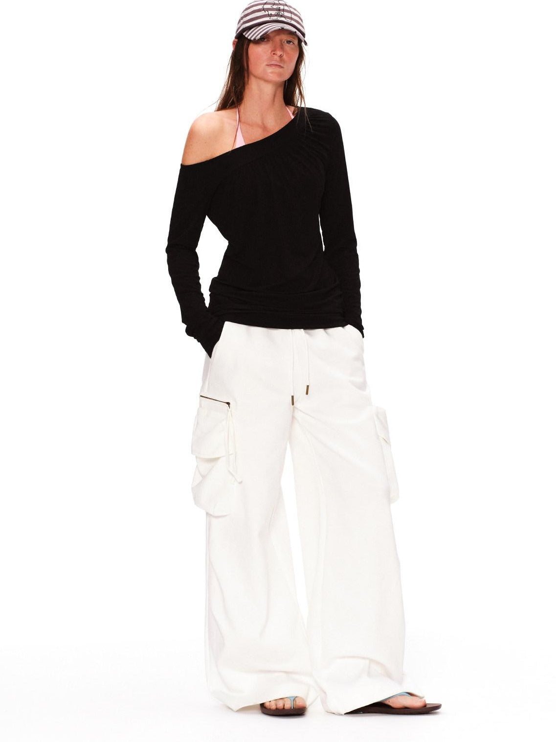 RUN TO THE FUTURE Lyocell Asymmetric Ruched Oversized Slanted Neck Women Long Sleeve T-Shirts
