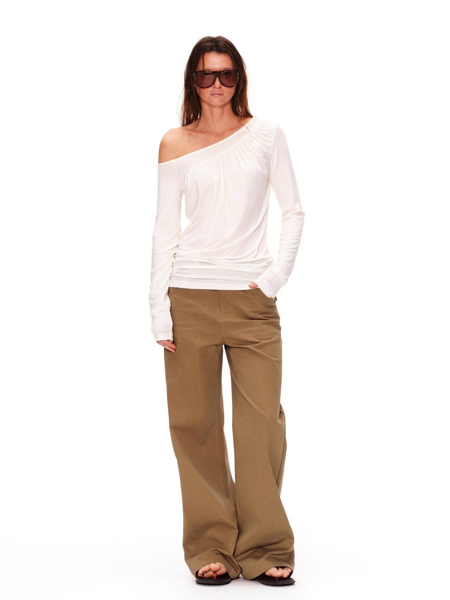 RUN TO THE FUTURE Lyocell Asymmetric Ruched Oversized Slanted Neck Women Long Sleeve T-Shirts
