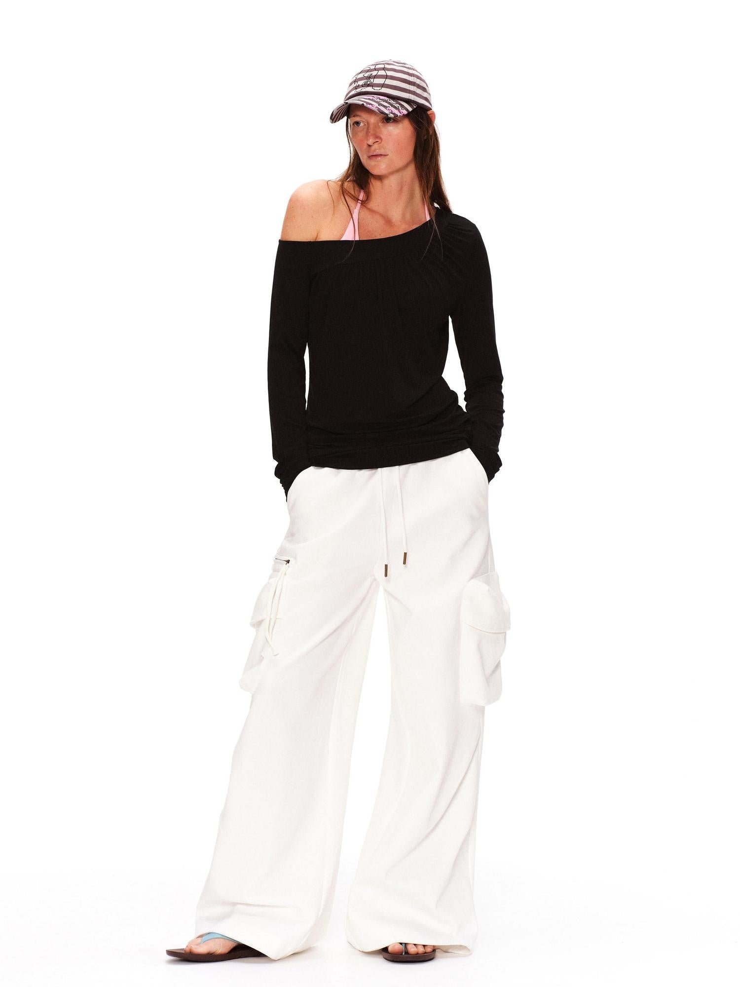RUN TO THE FUTURE Lyocell Asymmetric Ruched Oversized Slanted Neck Women Long Sleeve T-Shirts