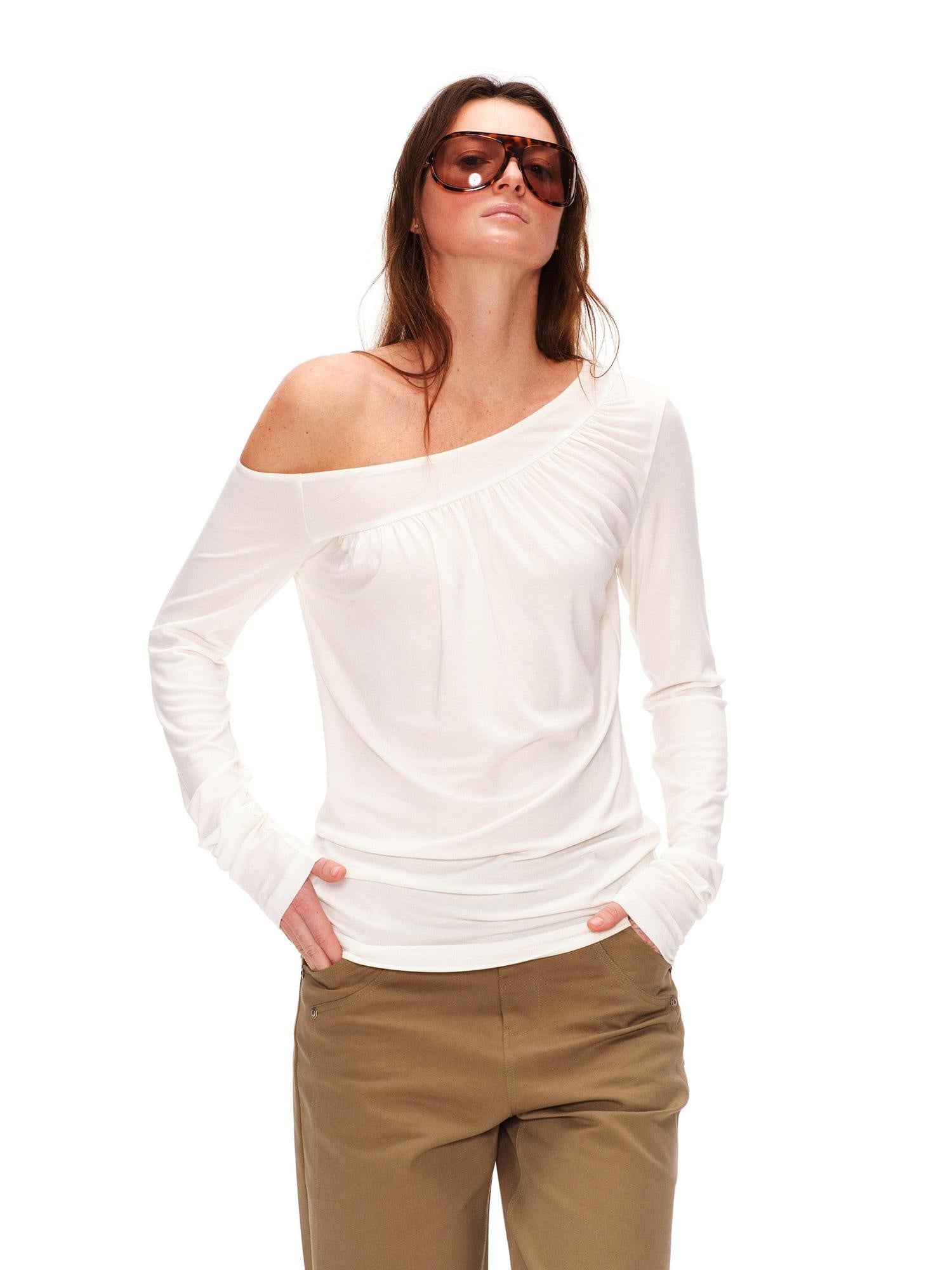 RUN TO THE FUTURE Lyocell Asymmetric Ruched Oversized Slanted Neck Women Long Sleeve T-Shirts