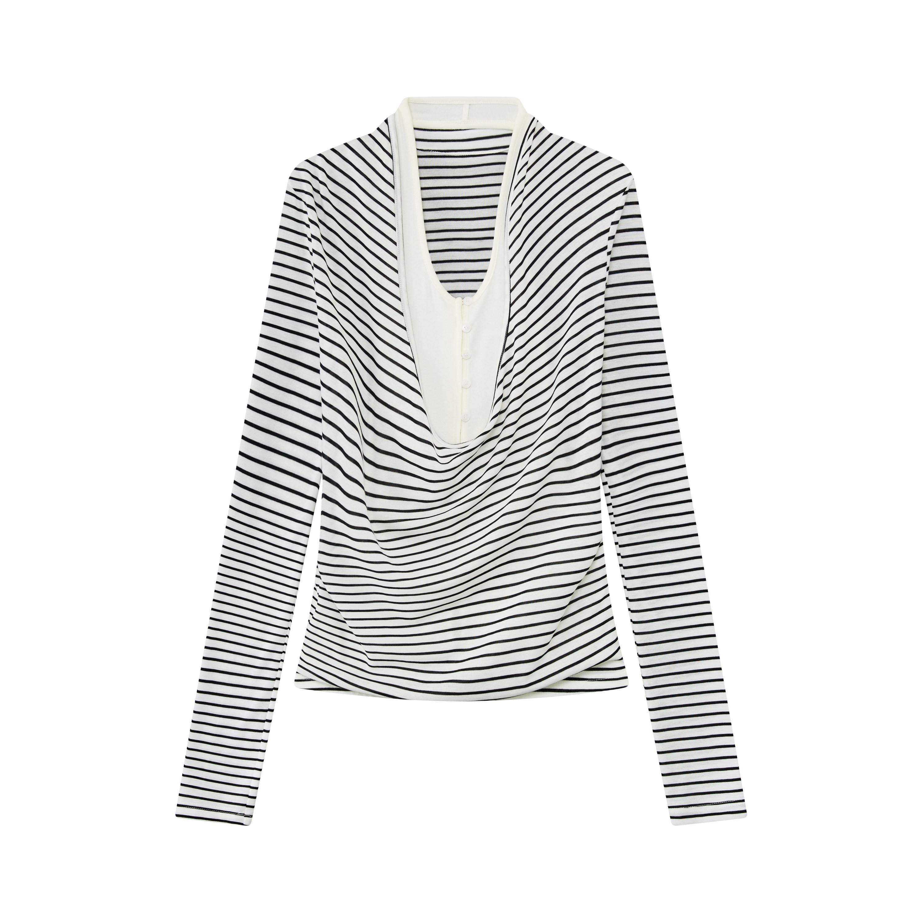 RUN TO THE FUTURE Lyocell Striped Color Block Faux Two Piece Casual Women Long Sleeve T-Shirts