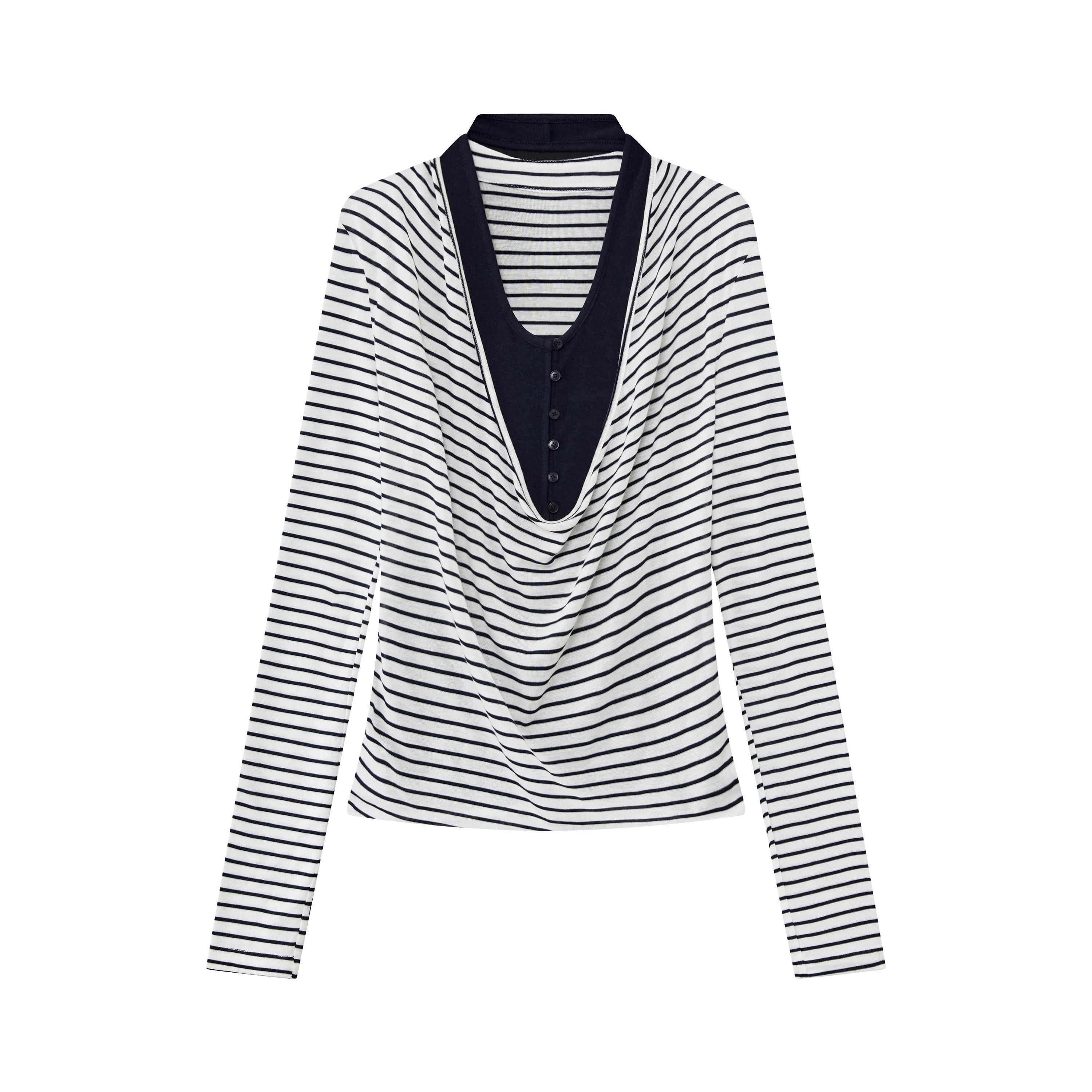 RUN TO THE FUTURE Lyocell Striped Color Block Faux Two Piece Casual Women Long Sleeve T-Shirts