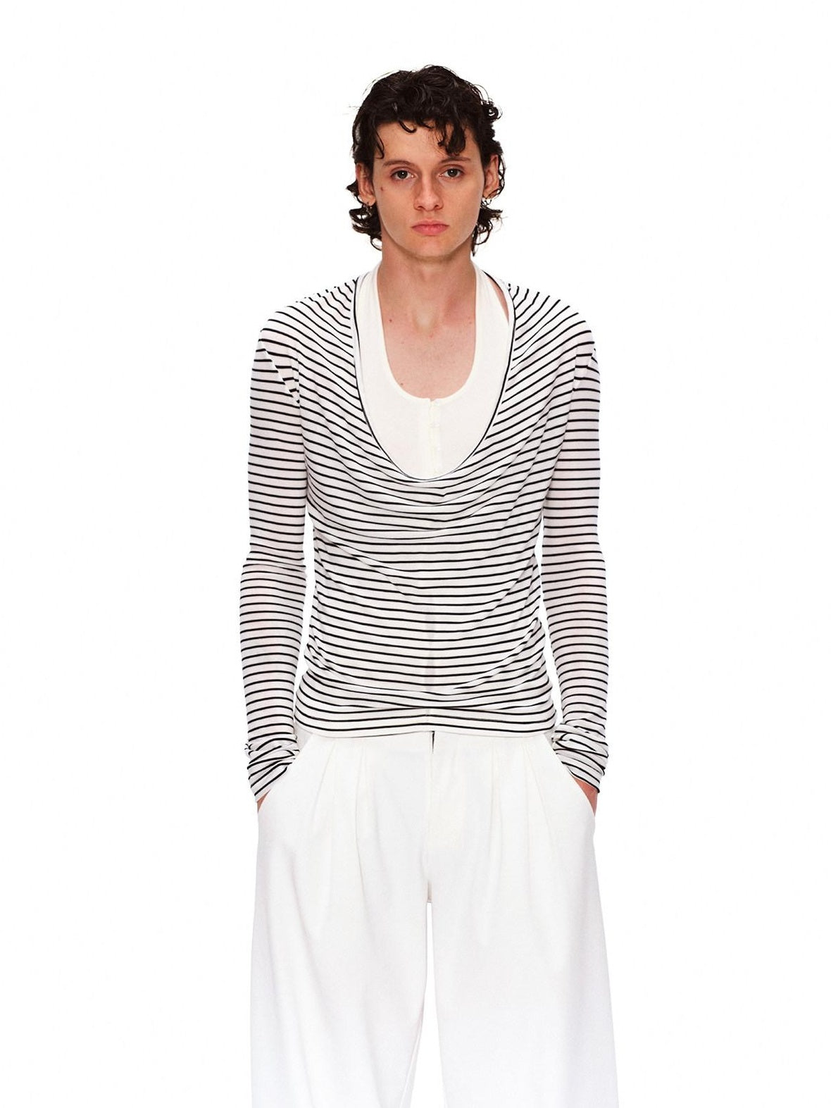 RUN TO THE FUTURE Lyocell Striped Color Block Faux Two Piece Casual Women Long Sleeve T-Shirts