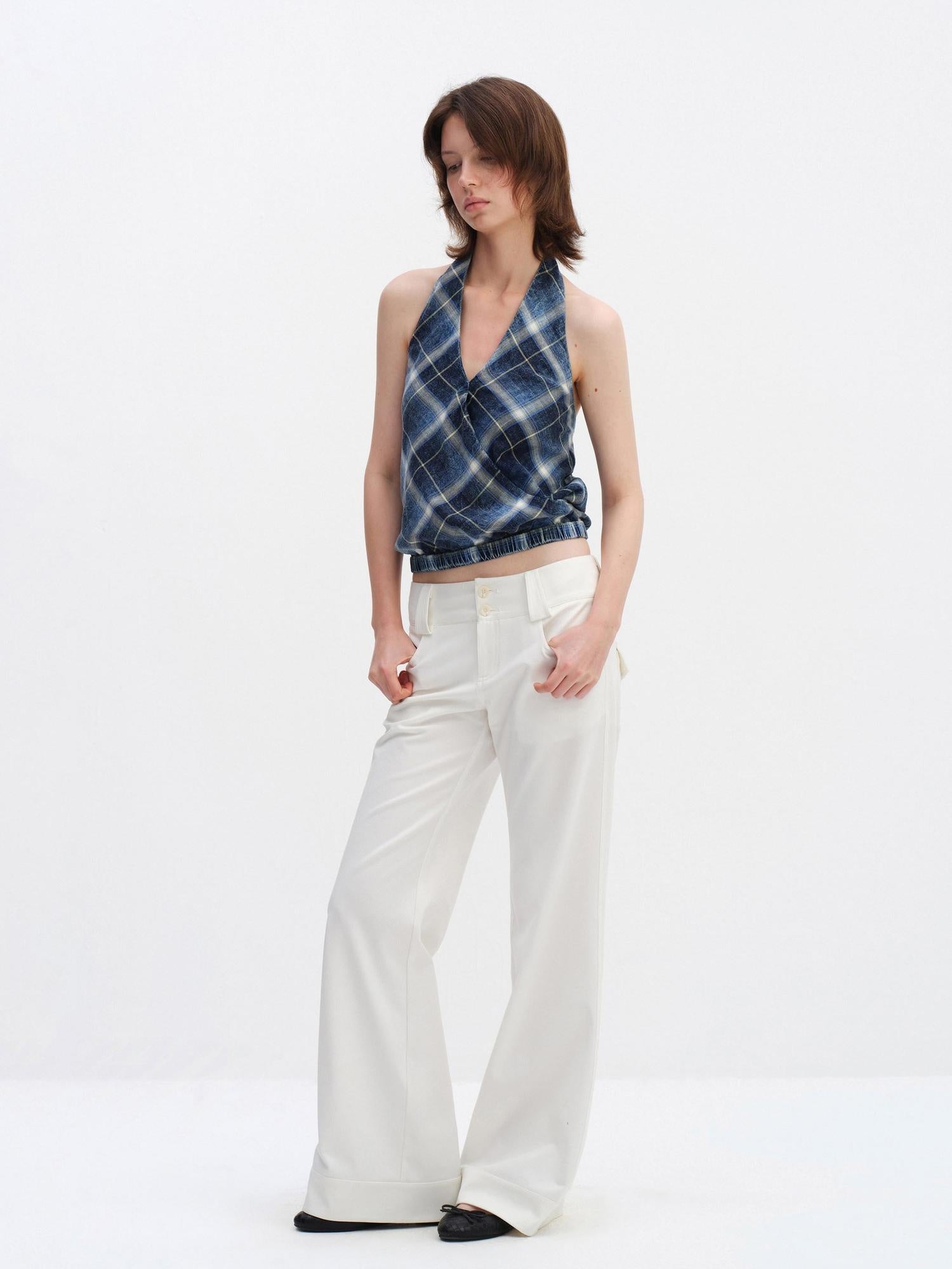 RUN TO THE FUTURE Minimalist Straight Low Waist Zipper Black White Stretch Wide-Leg Pants
