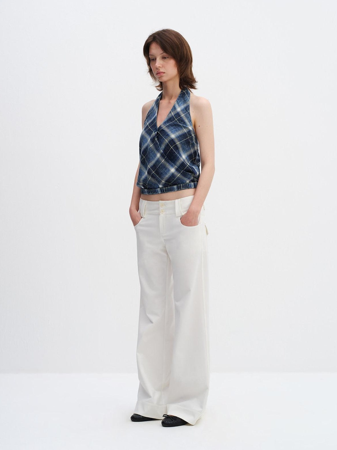 RUN TO THE FUTURE Minimalist Straight Low Waist Zipper Black White Stretch Wide-Leg Pants
