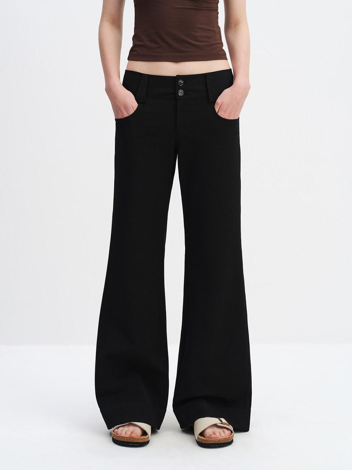 RUN TO THE FUTURE Minimalist Straight Low Waist Zipper Black White Stretch Wide-Leg Pants