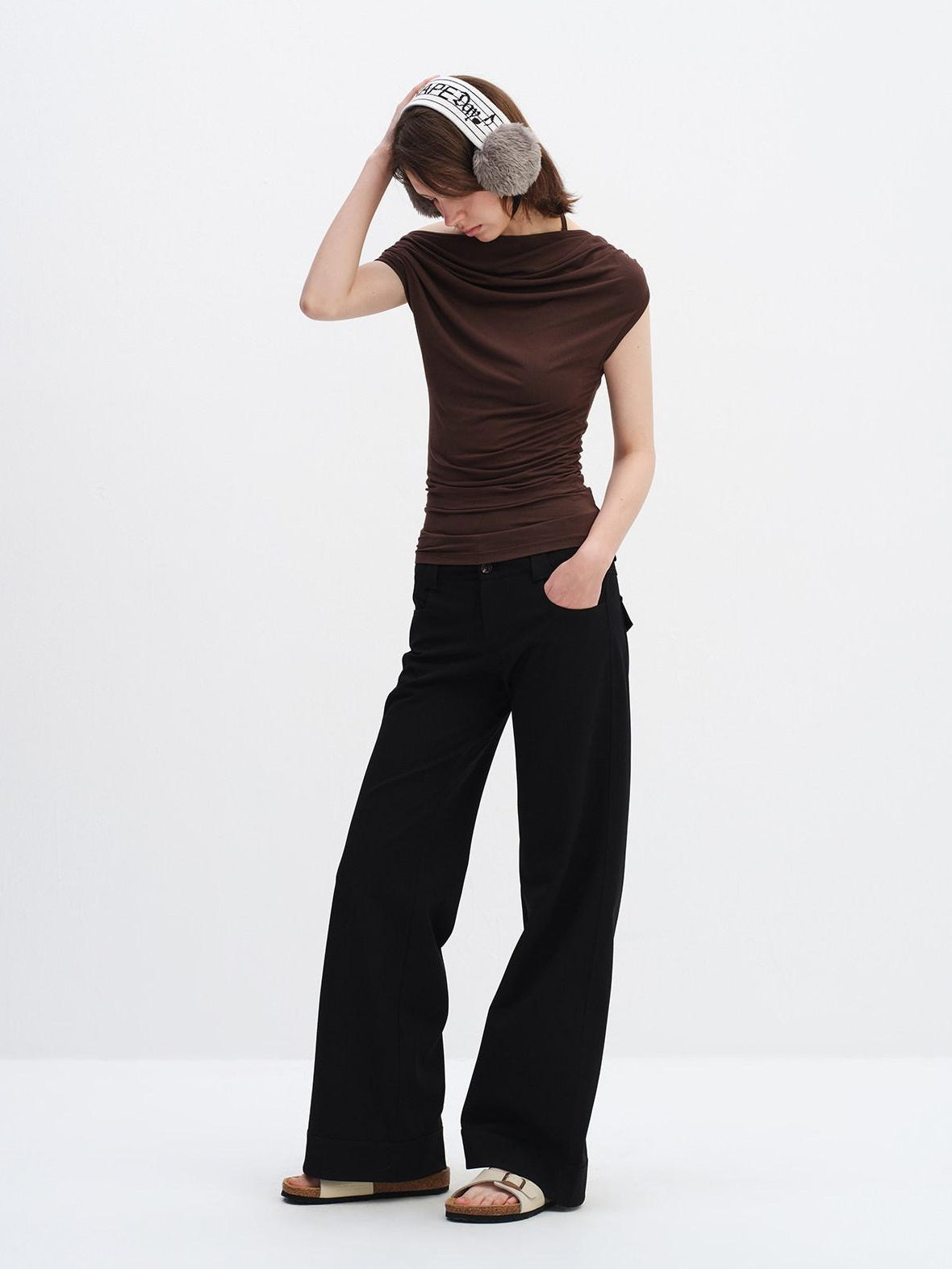 RUN TO THE FUTURE Minimalist Straight Low Waist Zipper Black White Stretch Wide-Leg Pants