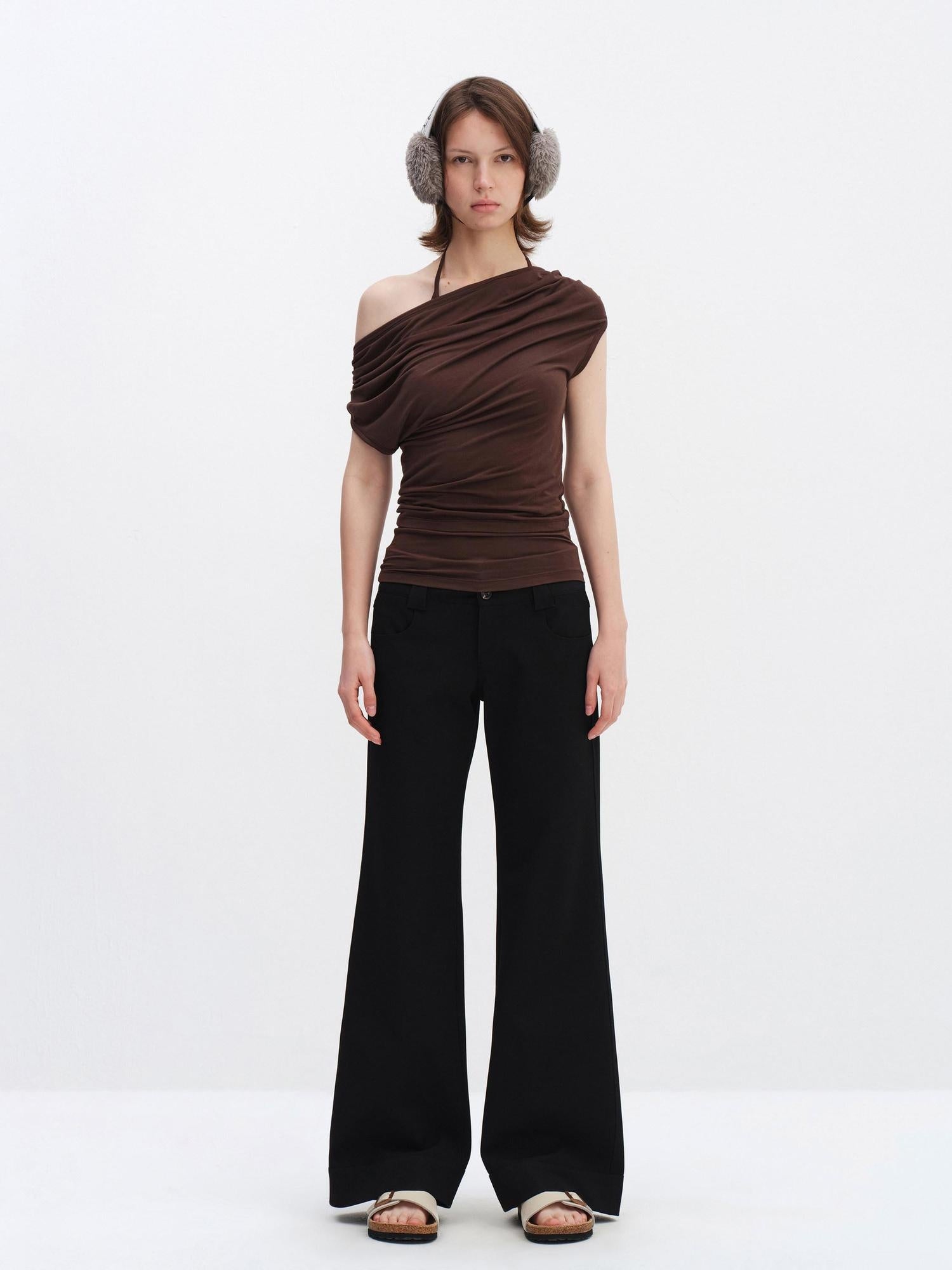 RUN TO THE FUTURE Minimalist Straight Low Waist Zipper Black White Stretch Wide-Leg Pants