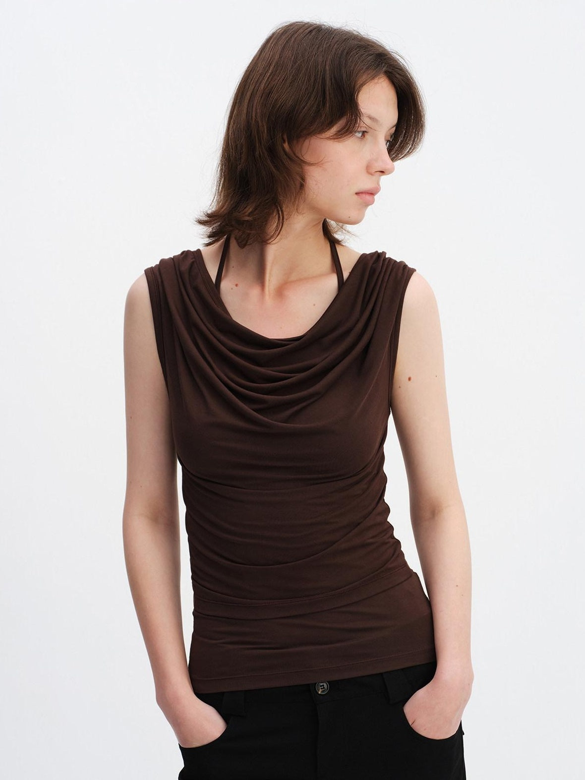 RUN TO THE FUTURE Modal Stretch Slim Fit Minimalist Scoop Neck Women Brown Short Sleeve T-Shirts