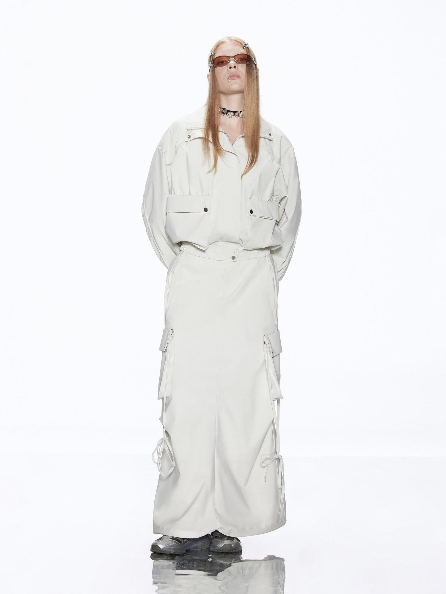 RUN TO THE FUTURE Multiway Detachable Pocket Streetwear A Line Mid Waist Ivory Maxi Skirts