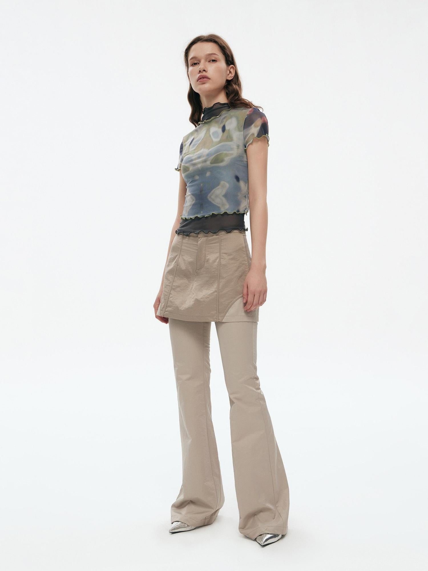 RUN TO THE FUTURE Mystic Sea Solid Stand Collar Long Sleeve Workwear Stretch Polyester Crop Tops