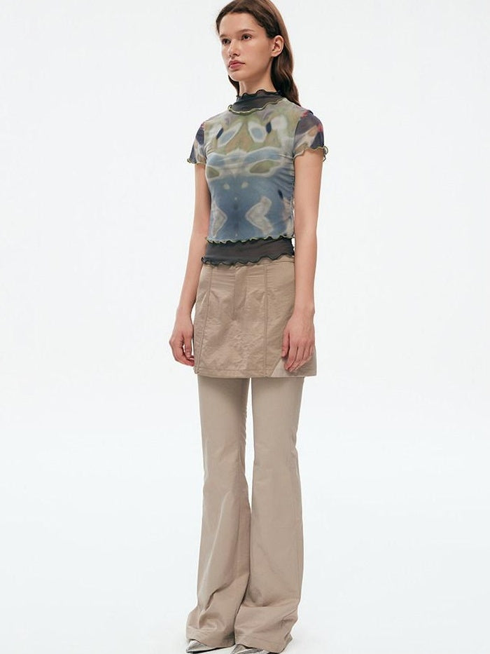 RUN TO THE FUTURE Mystic Sea Solid Stand Collar Long Sleeve Workwear Stretch Polyester Crop Tops