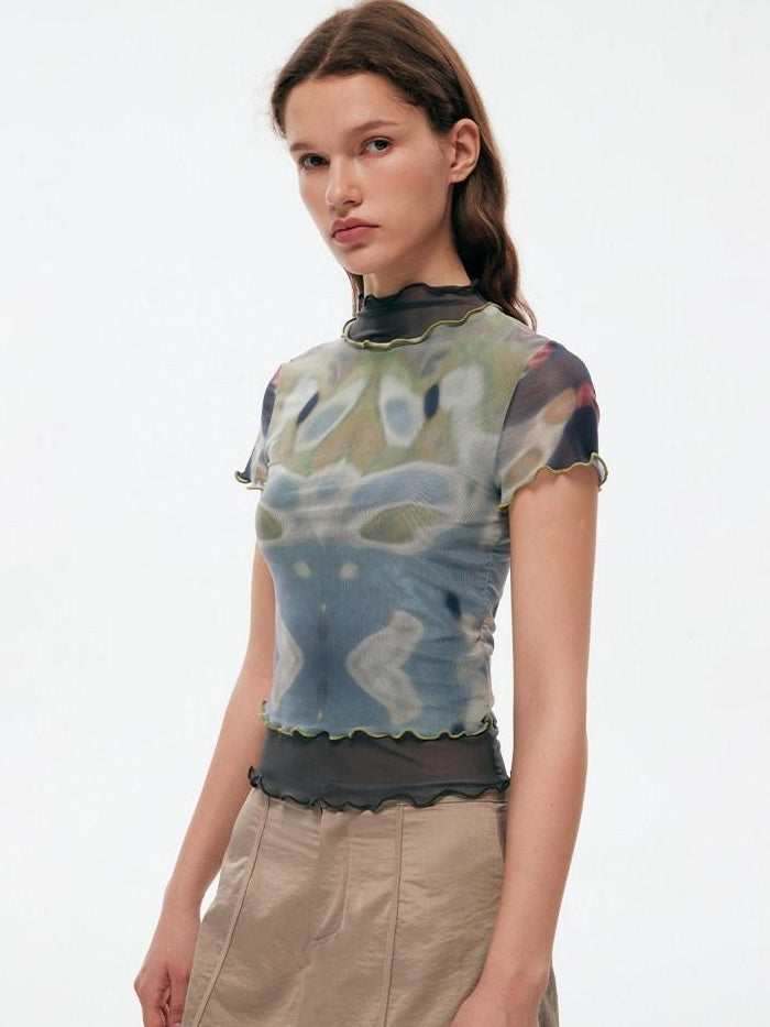 RUN TO THE FUTURE Mystic Sea Solid Stand Collar Long Sleeve Workwear Stretch Polyester Crop Tops