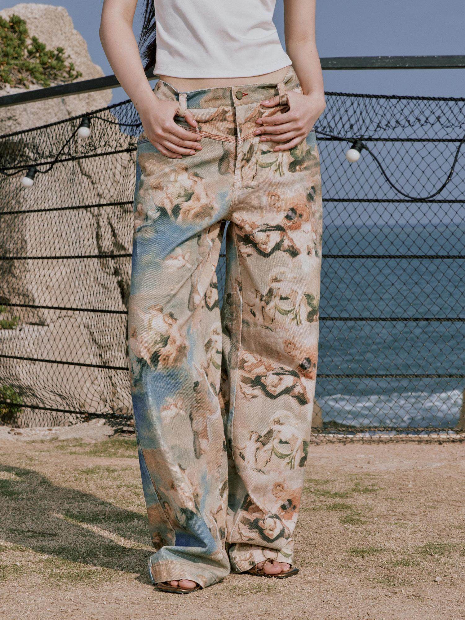 RUN TO THE FUTURE Original Cotton Low Waist Pocket Detail Women Paris Portrait Wide-Leg Pants