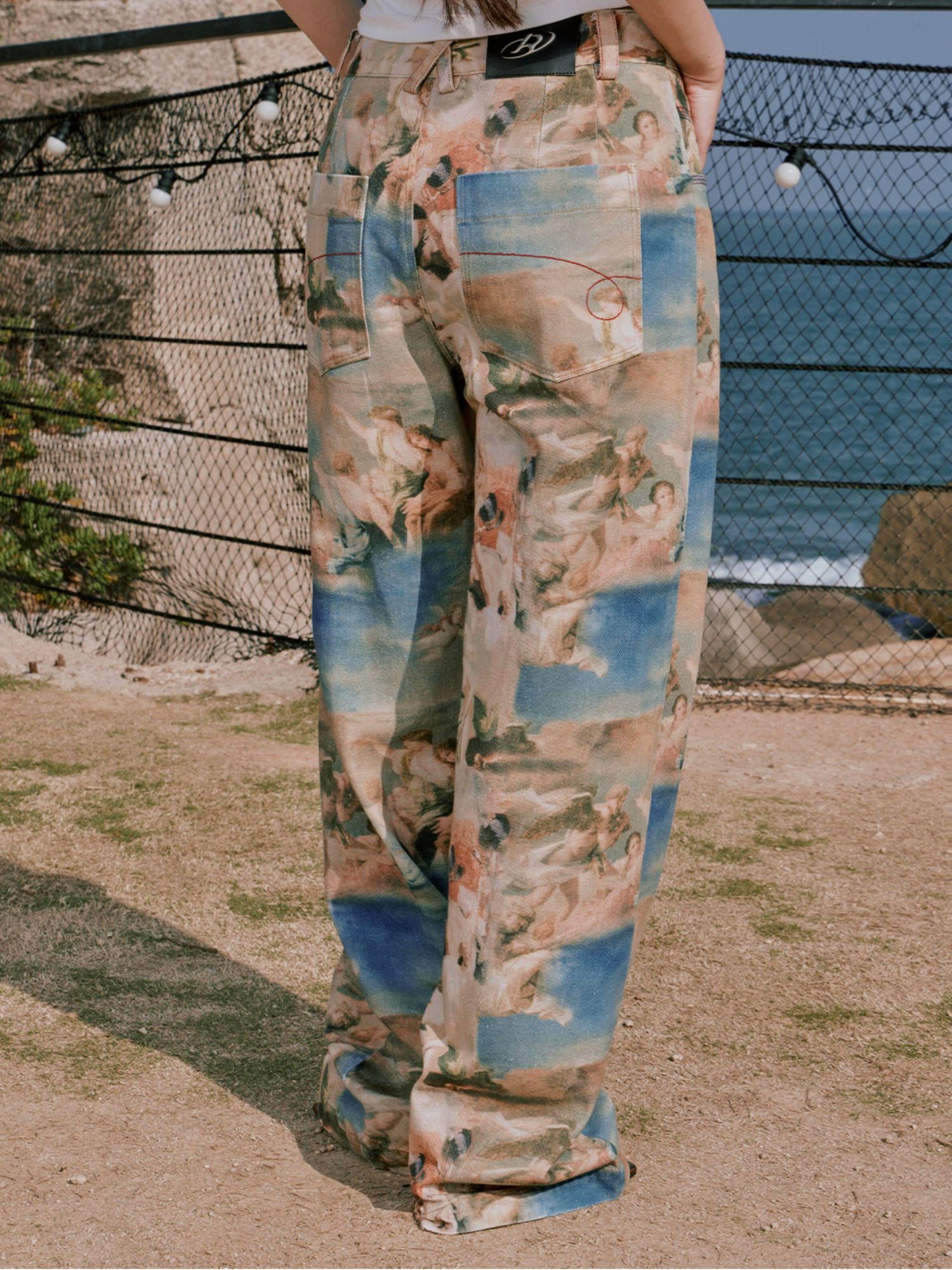 RUN TO THE FUTURE Original Cotton Low Waist Pocket Detail Women Paris Portrait Wide-Leg Pants