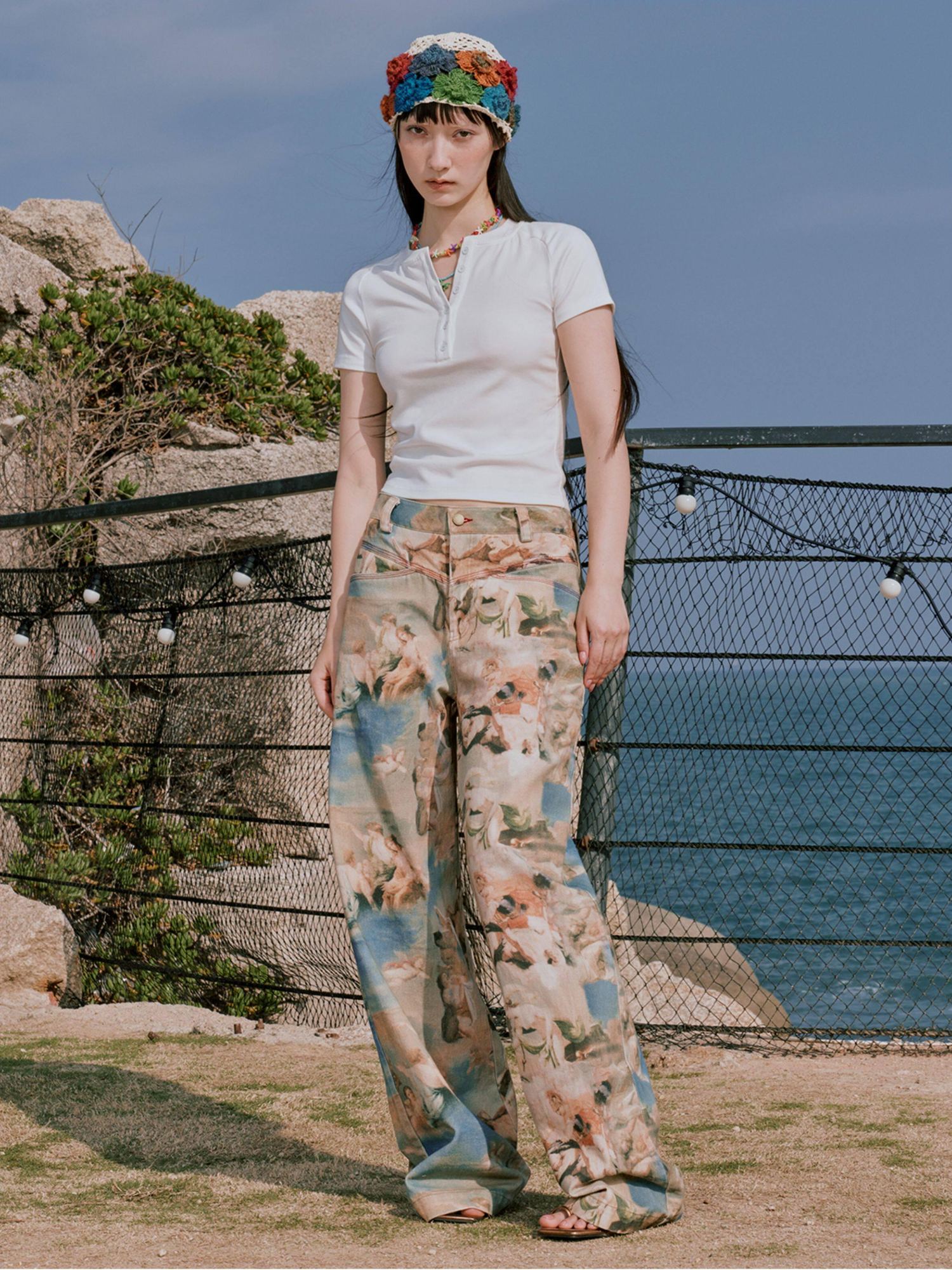 RUN TO THE FUTURE Original Cotton Low Waist Pocket Detail Women Paris Portrait Wide-Leg Pants