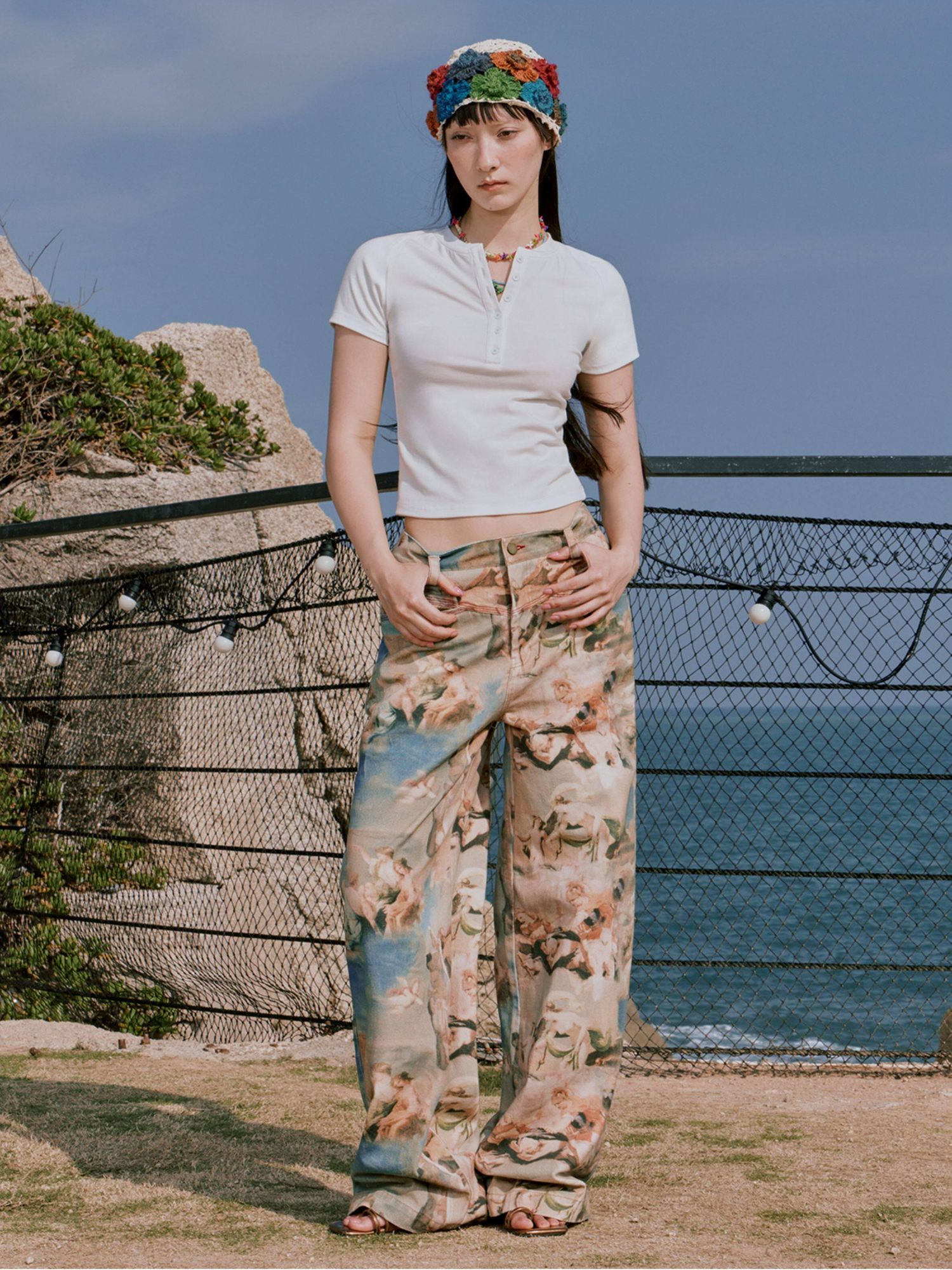 RUN TO THE FUTURE Original Cotton Low Waist Pocket Detail Women Paris Portrait Wide-Leg Pants