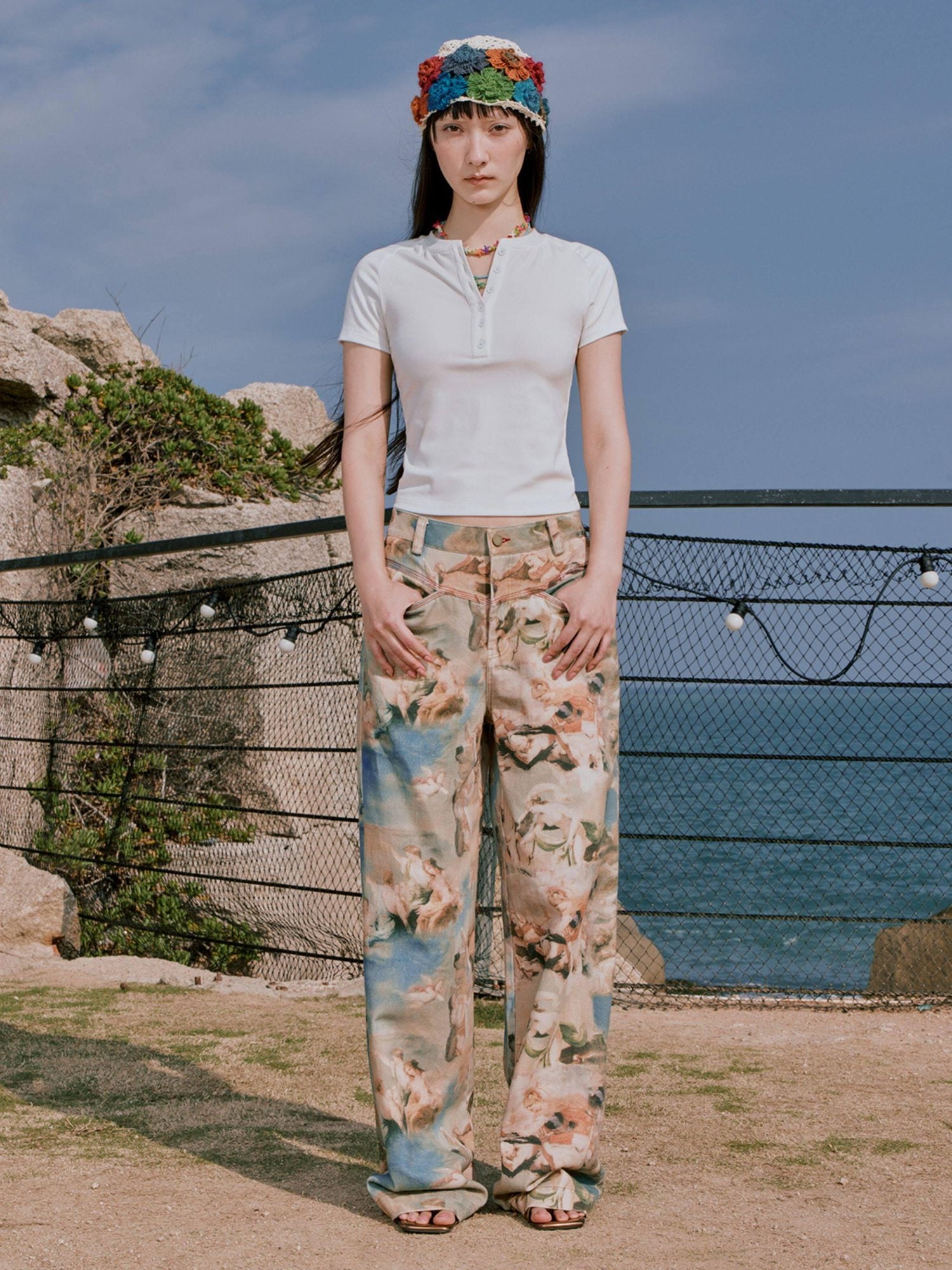 RUN TO THE FUTURE Original Cotton Low Waist Pocket Detail Women Paris Portrait Wide-Leg Pants