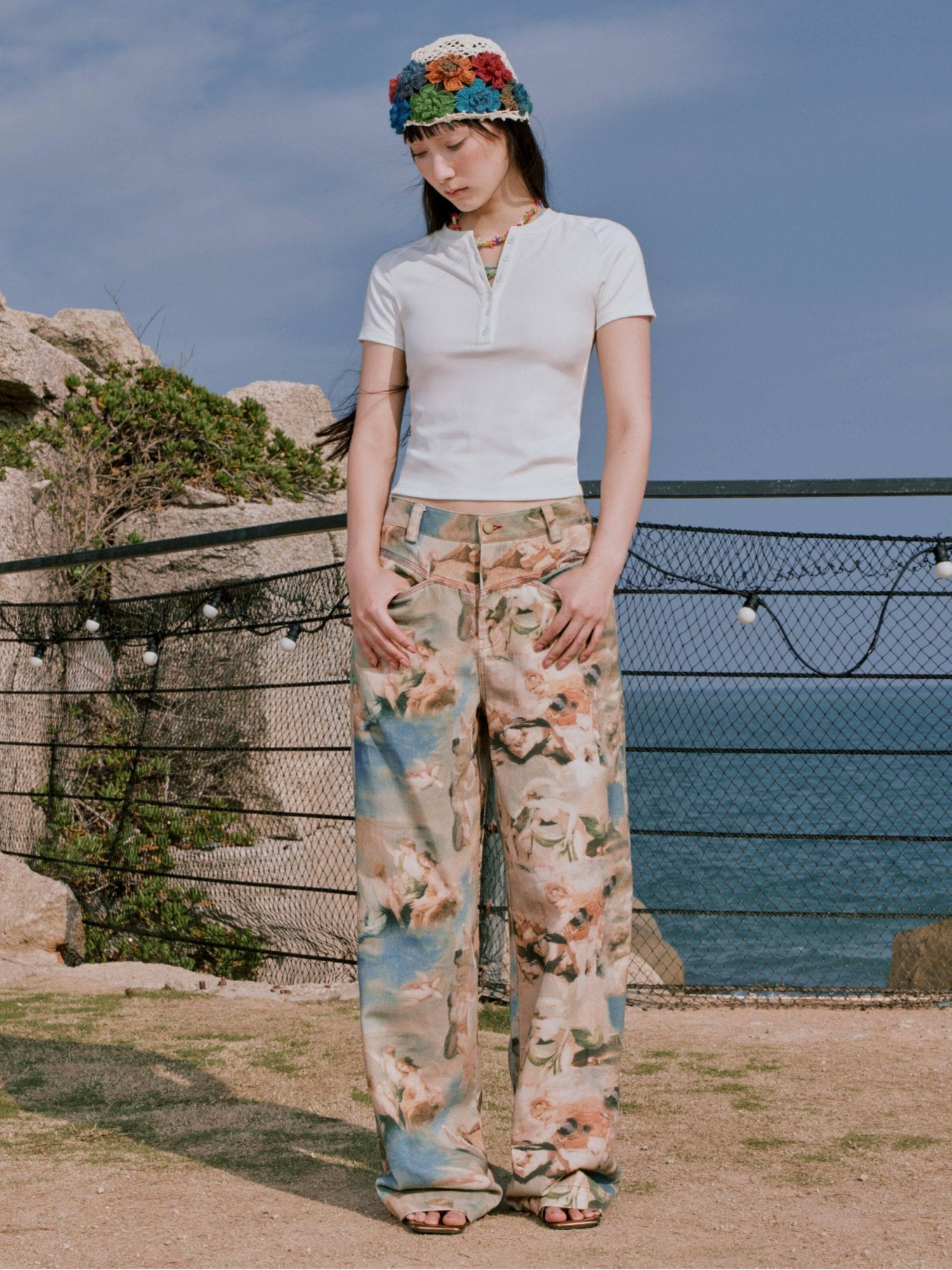RUN TO THE FUTURE Original Cotton Low Waist Pocket Detail Women Paris Portrait Wide-Leg Pants