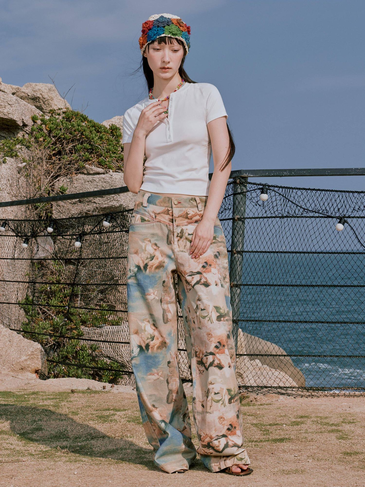 RUN TO THE FUTURE Original Cotton Low Waist Pocket Detail Women Paris Portrait Wide-Leg Pants