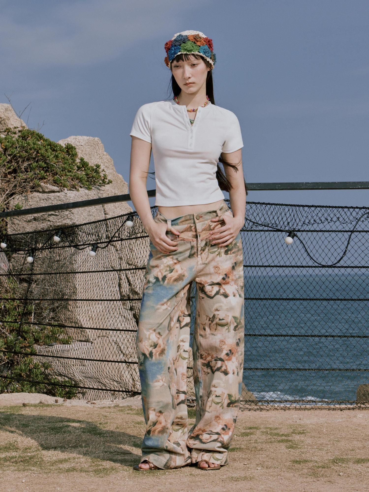 RUN TO THE FUTURE Original Cotton Low Waist Pocket Detail Women Paris Portrait Wide-Leg Pants