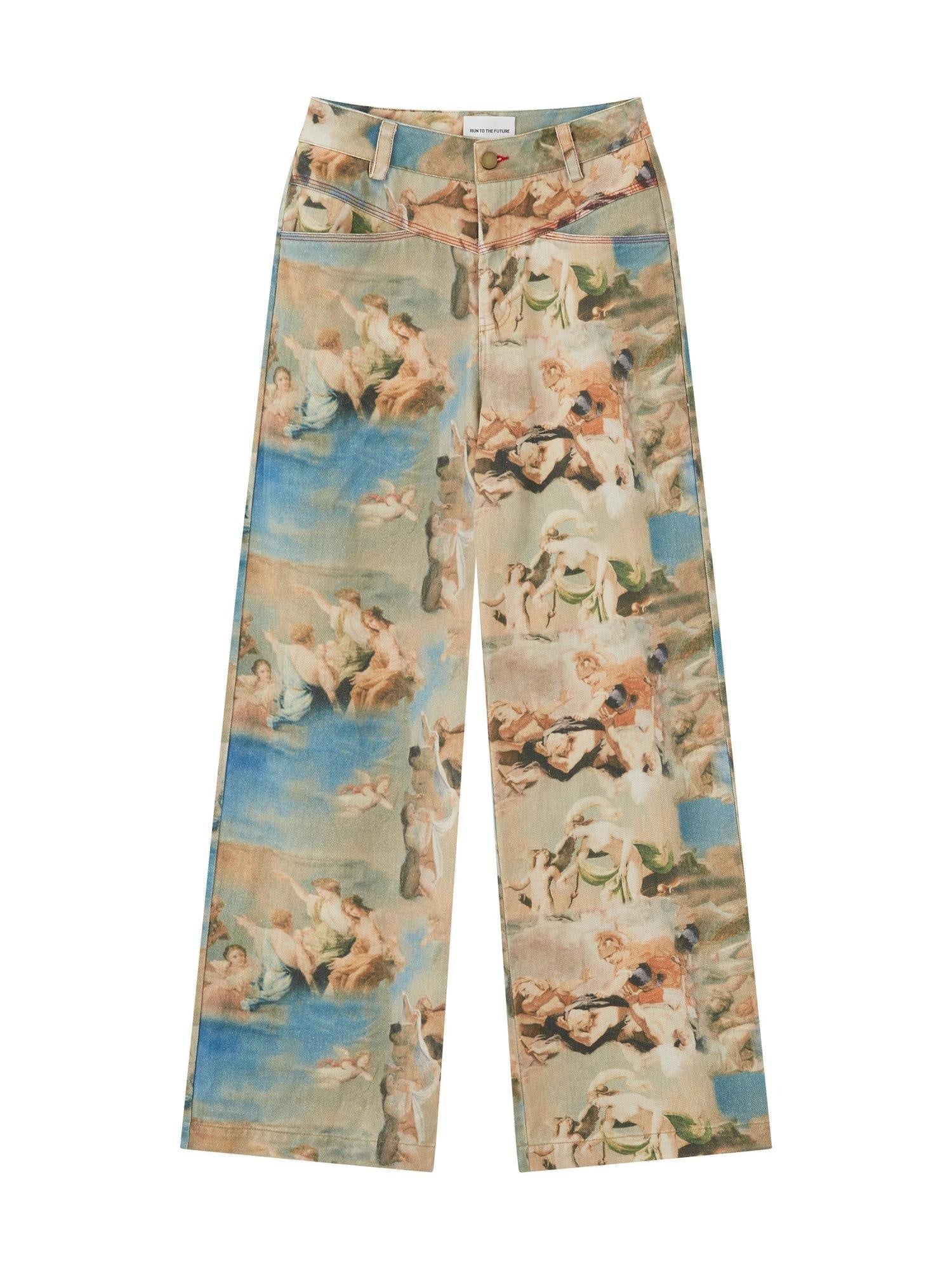 RUN TO THE FUTURE Original Cotton Low Waist Pocket Detail Women Paris Portrait Wide-Leg Pants
