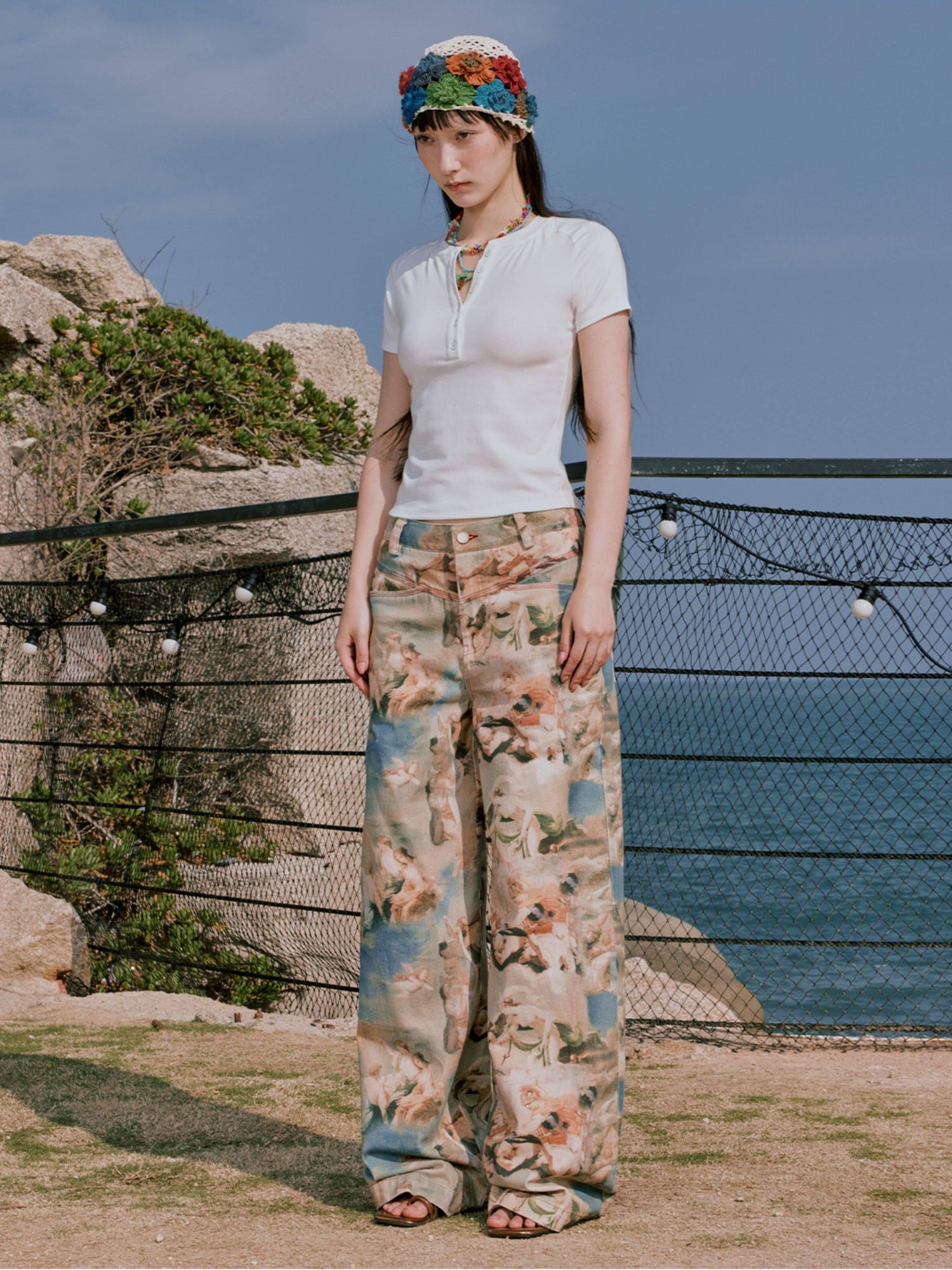 RUN TO THE FUTURE Original Cotton Low Waist Pocket Detail Women Paris Portrait Wide-Leg Pants