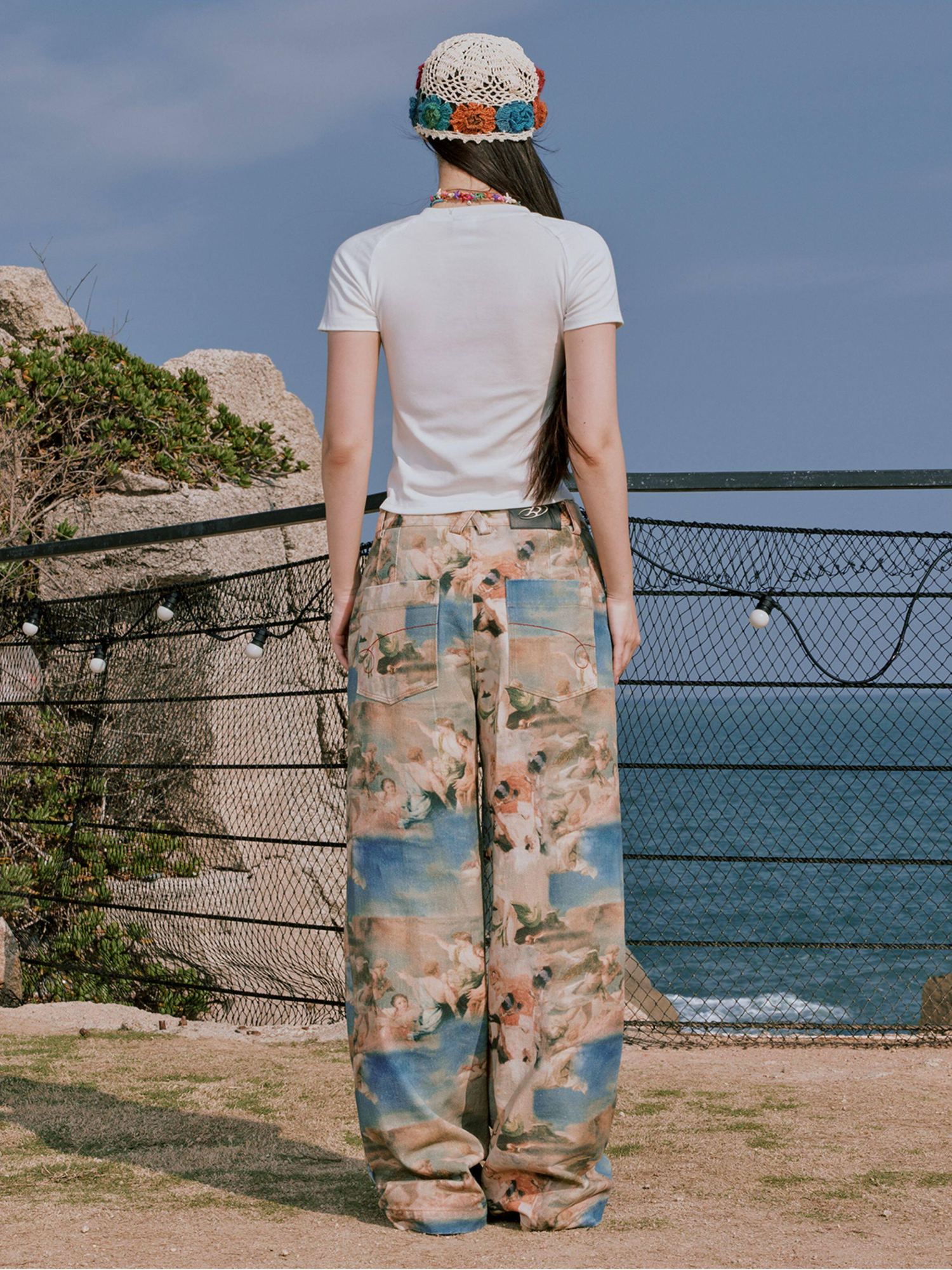 RUN TO THE FUTURE Original Cotton Low Waist Pocket Detail Women Paris Portrait Wide-Leg Pants