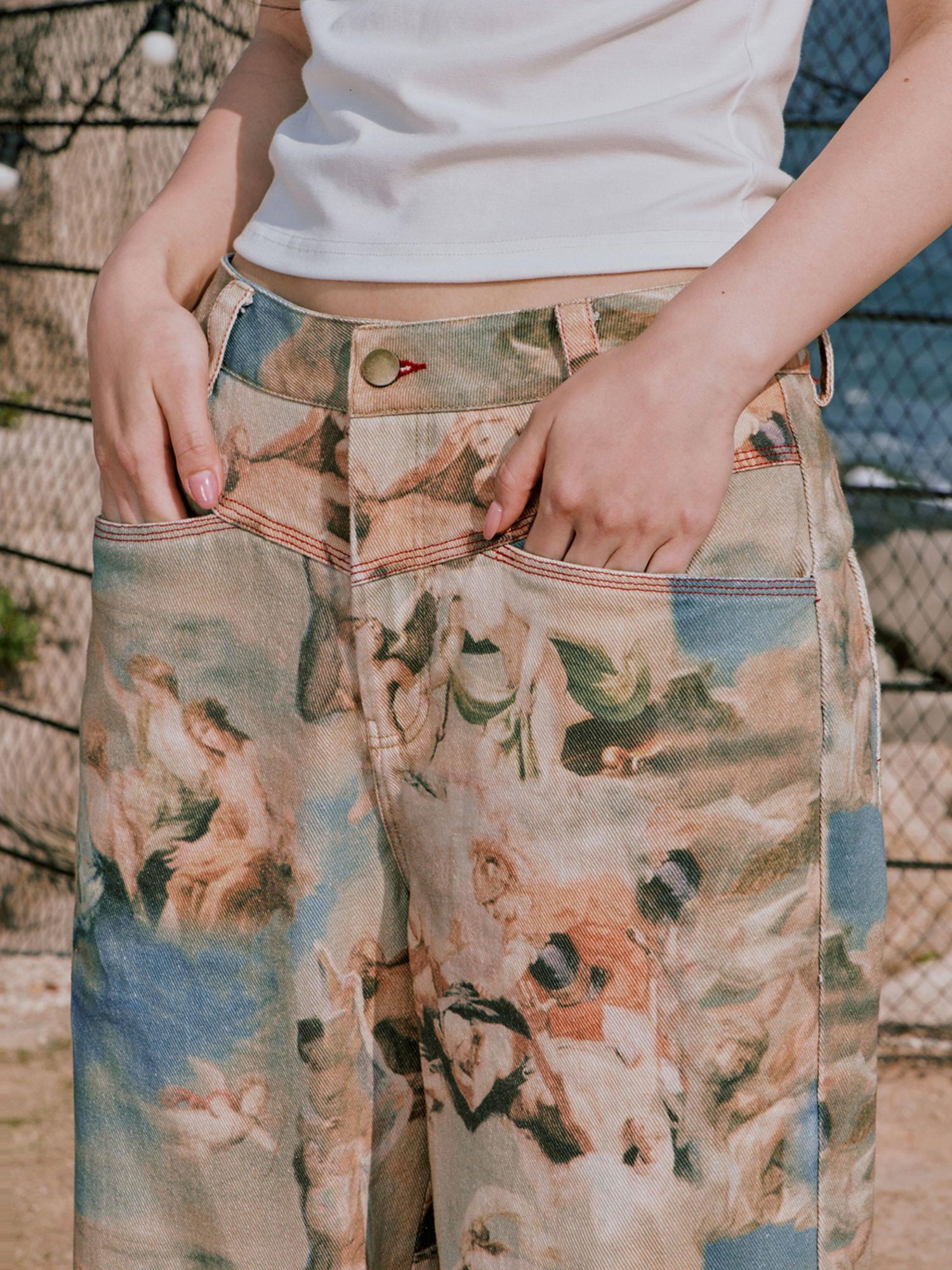 RUN TO THE FUTURE Original Cotton Low Waist Pocket Detail Women Paris Portrait Wide-Leg Pants