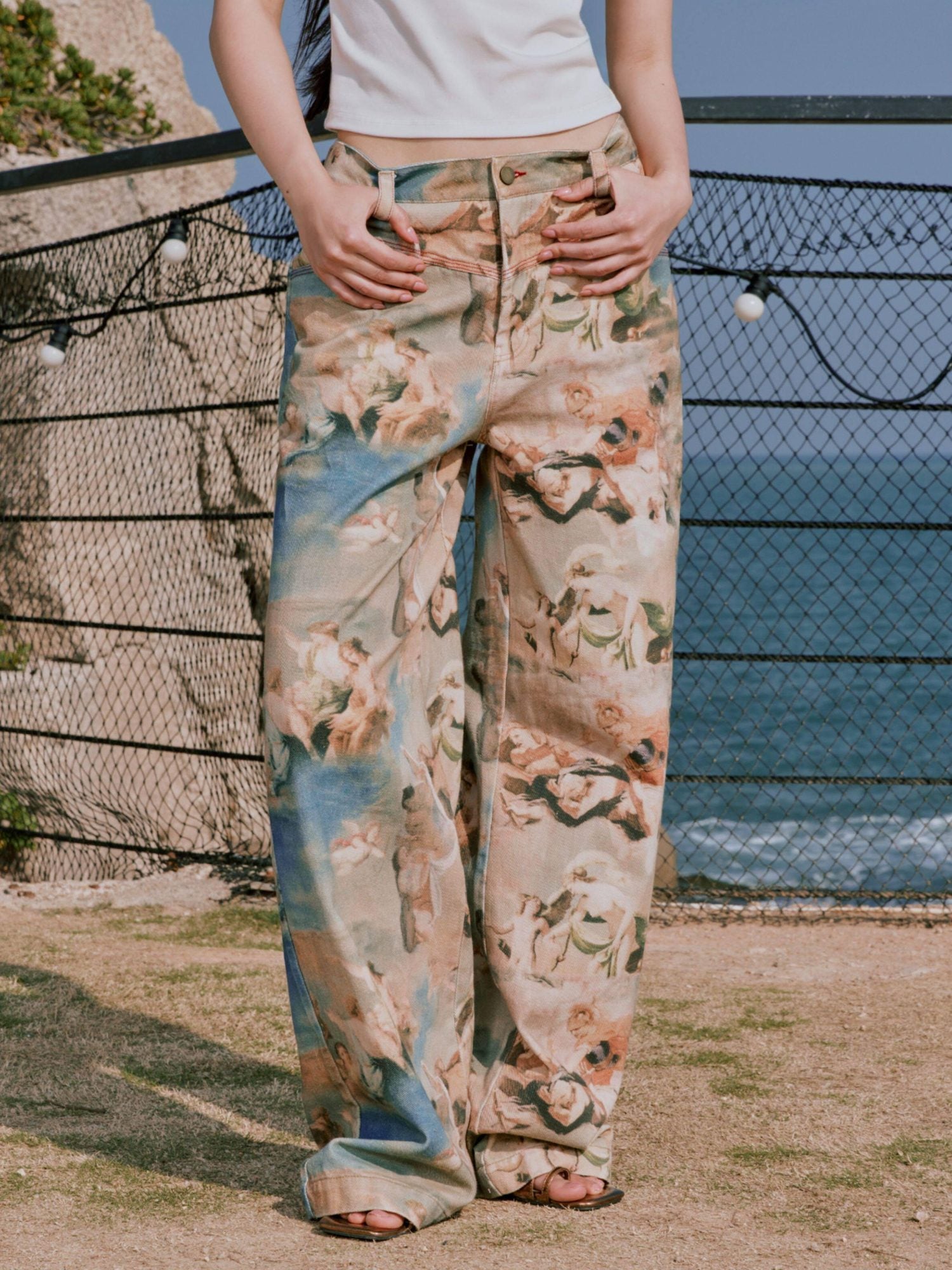 RUN TO THE FUTURE Original Cotton Low Waist Pocket Detail Women Paris Portrait Wide-Leg Pants
