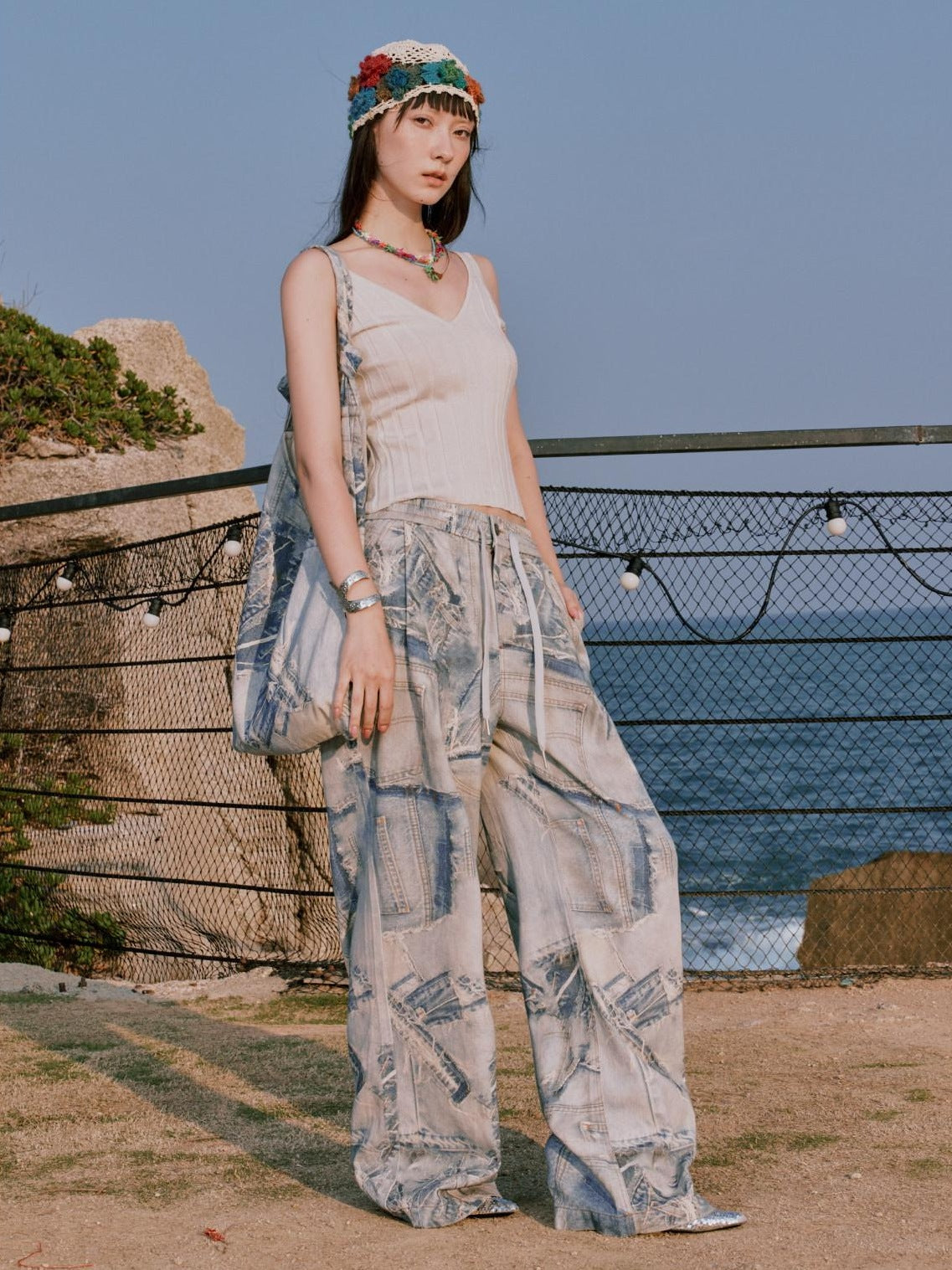 RUN TO THE FUTURE Original Distressed 100% Cotton Natural Waist Women Denim Wide-Leg Jeans