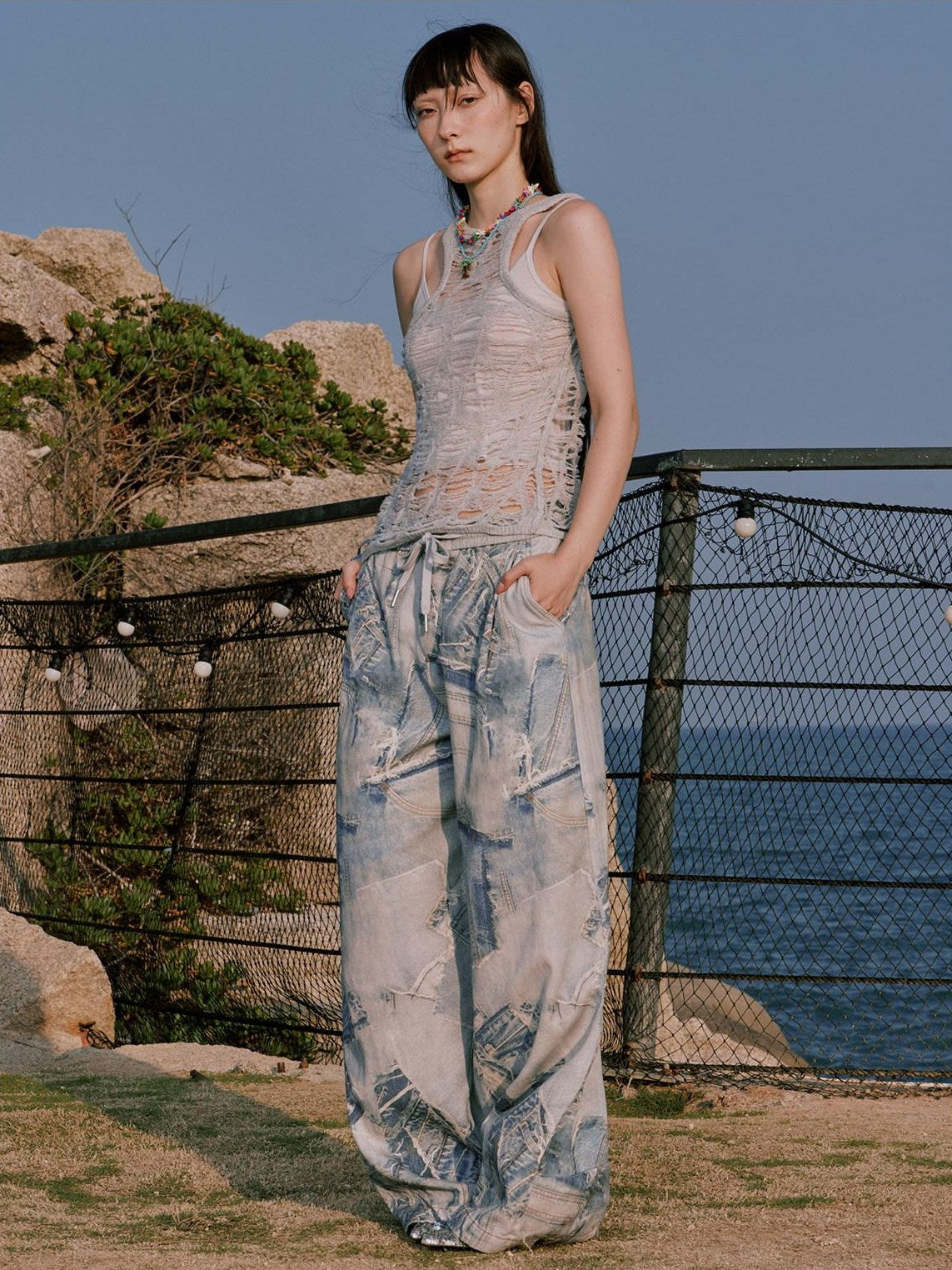 RUN TO THE FUTURE Original Distressed 100% Cotton Natural Waist Women Denim Wide-Leg Jeans