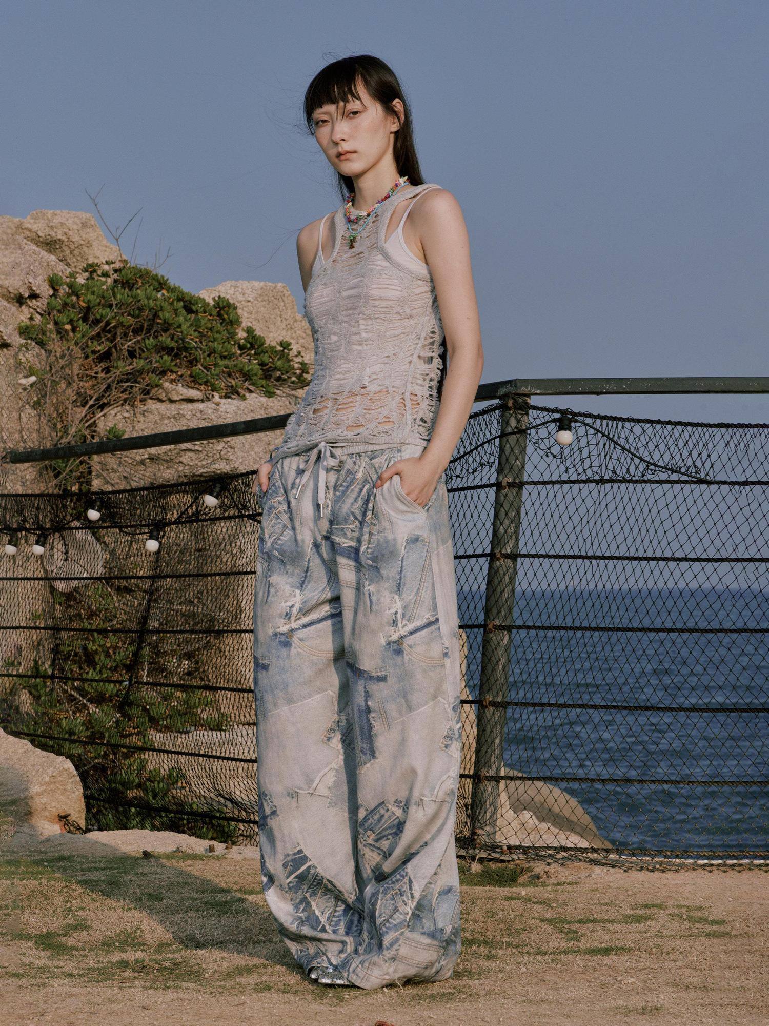 RUN TO THE FUTURE Original Distressed 100% Cotton Natural Waist Women Denim Wide-Leg Jeans