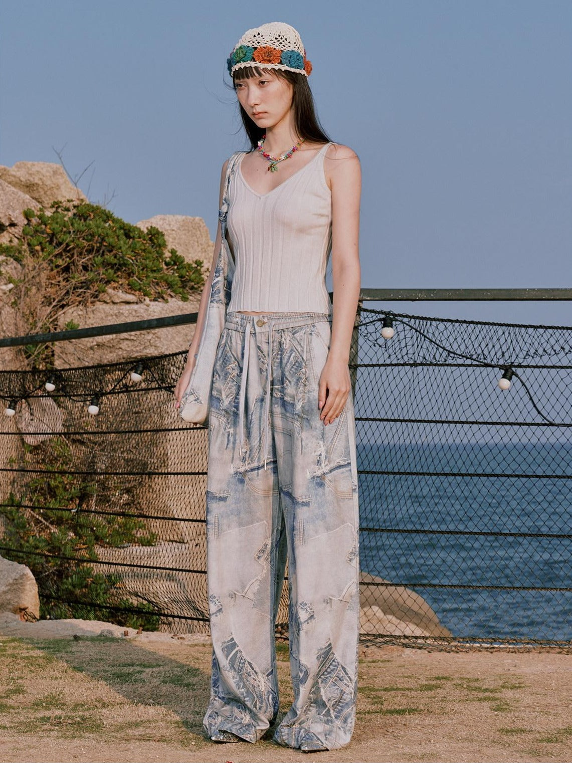 RUN TO THE FUTURE Original Distressed 100% Cotton Natural Waist Women Denim Wide-Leg Jeans