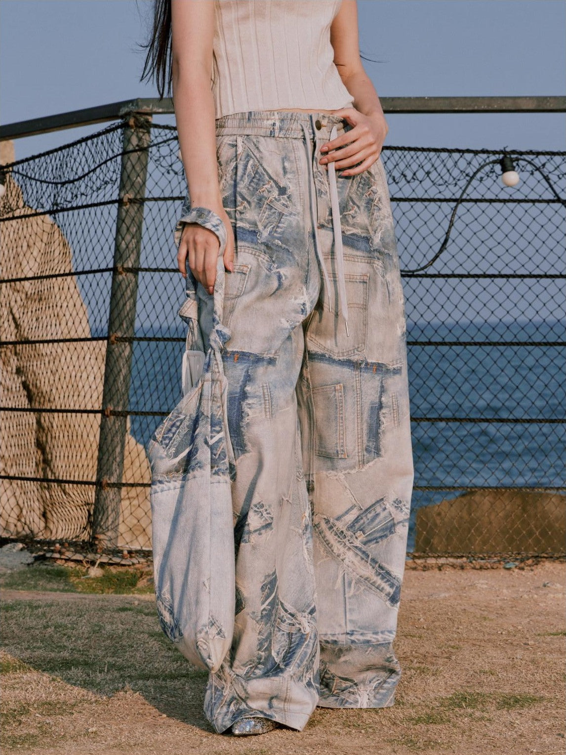 RUN TO THE FUTURE Original Distressed 100% Cotton Natural Waist Women Denim Wide-Leg Jeans