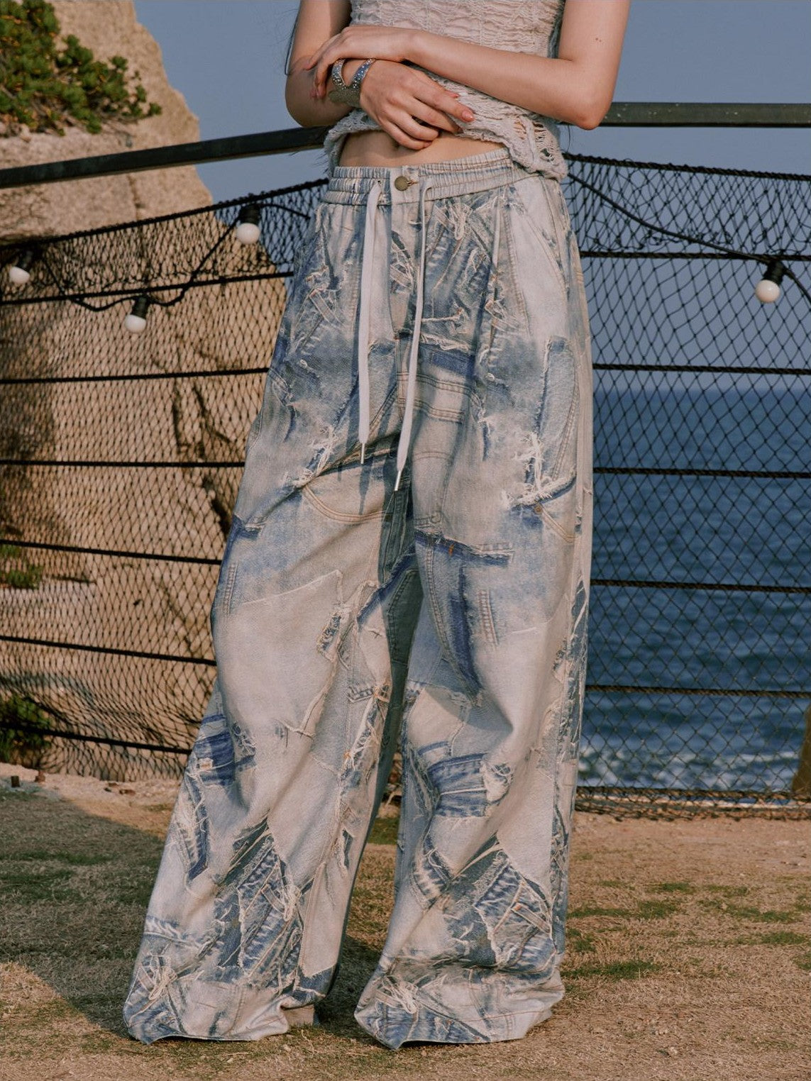RUN TO THE FUTURE Original Distressed 100% Cotton Natural Waist Women Denim Wide-Leg Jeans