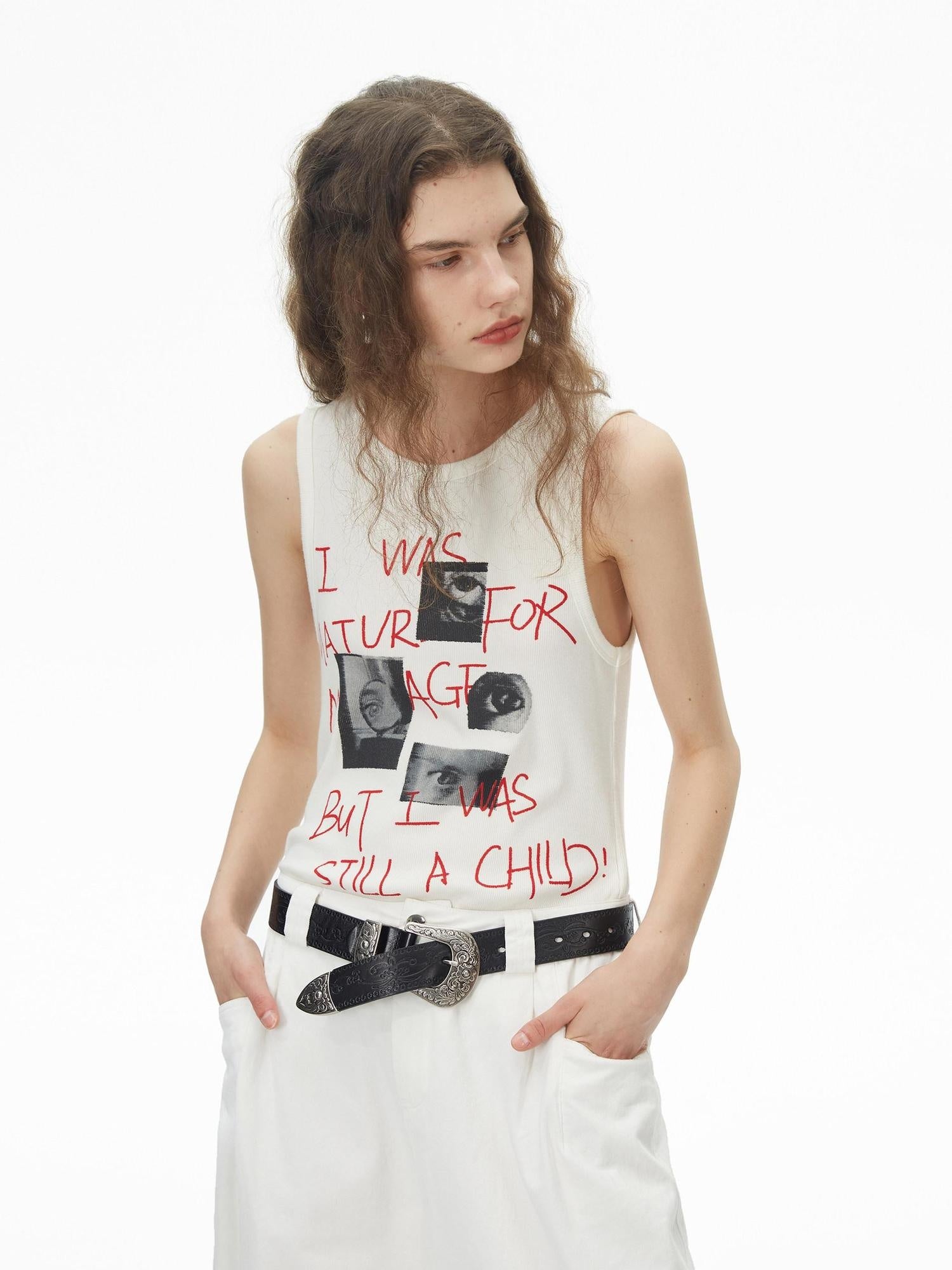 RUN TO THE FUTURE Original Loose Racerback Airy Hand Painted Off White Viscose Women Tank Tops