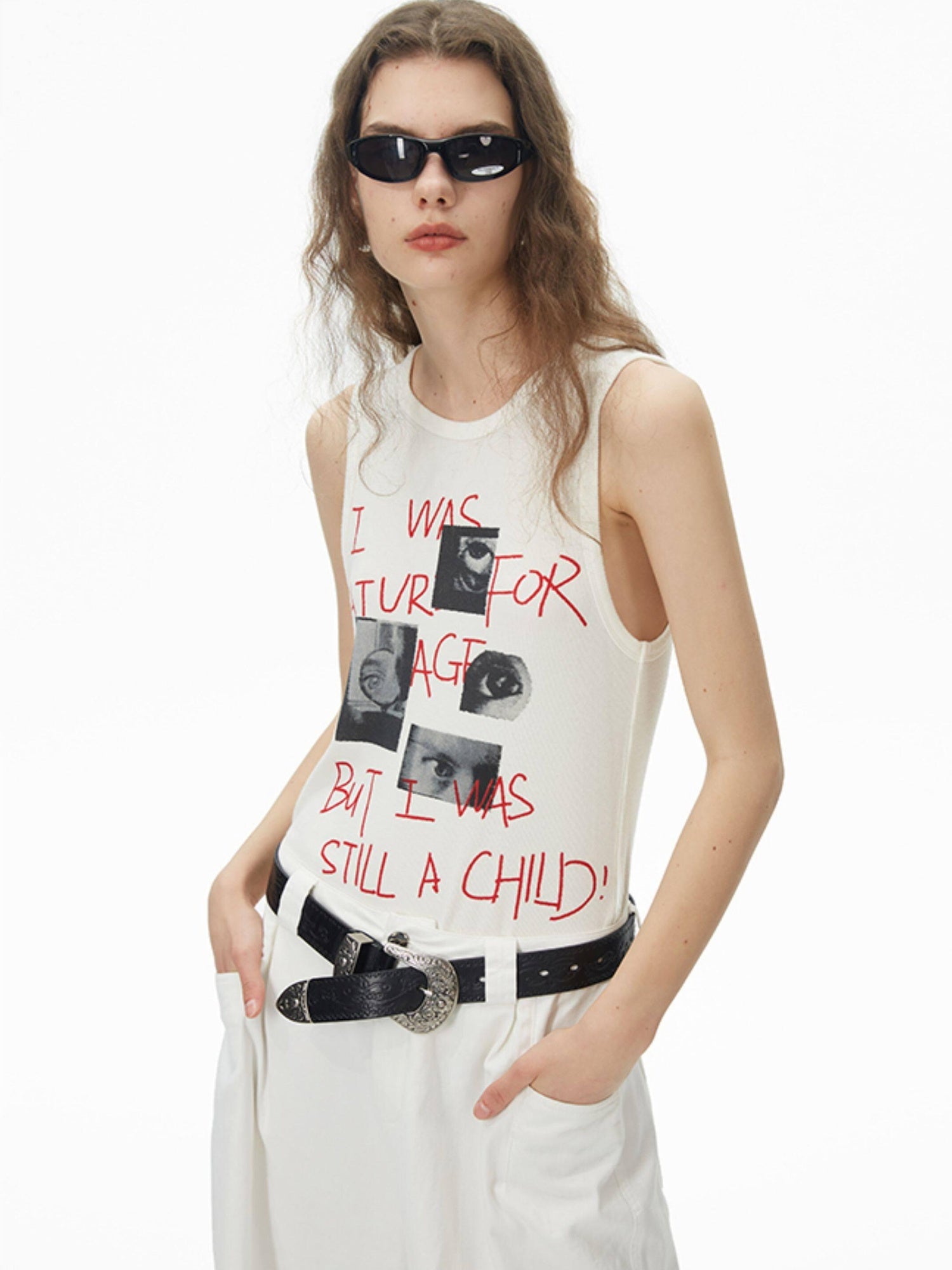 RUN TO THE FUTURE Original Loose Racerback Airy Hand Painted Off White Viscose Women Tank Tops