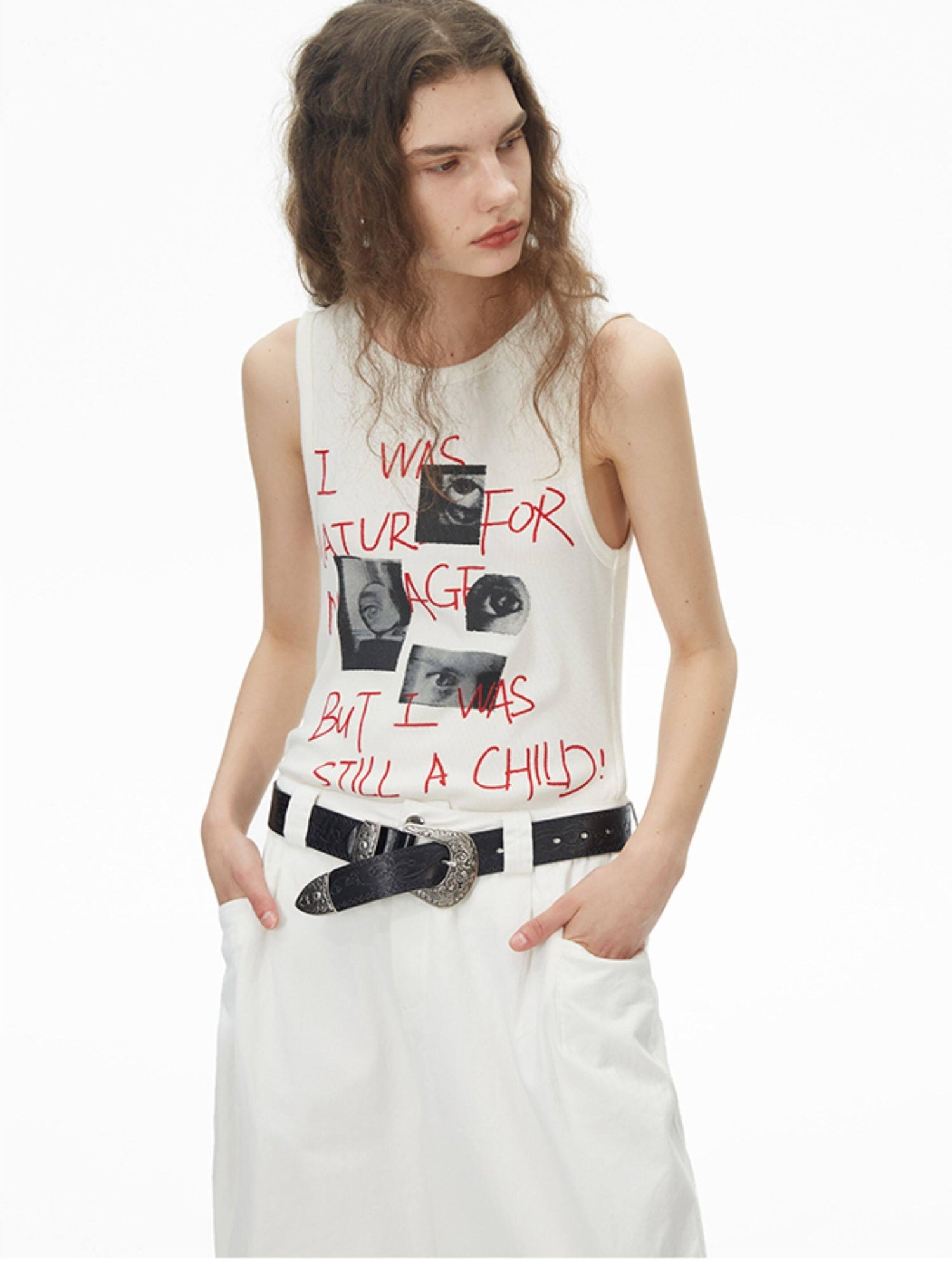 RUN TO THE FUTURE Original Loose Racerback Airy Hand Painted Off White Viscose Women Tank Tops