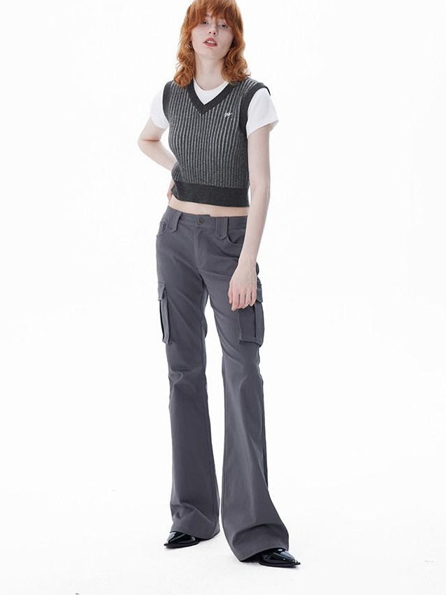 RUN TO THE FUTURE Original Low Rise Micro Flare Pocket Cotton Blend Gray Women Flare Pants